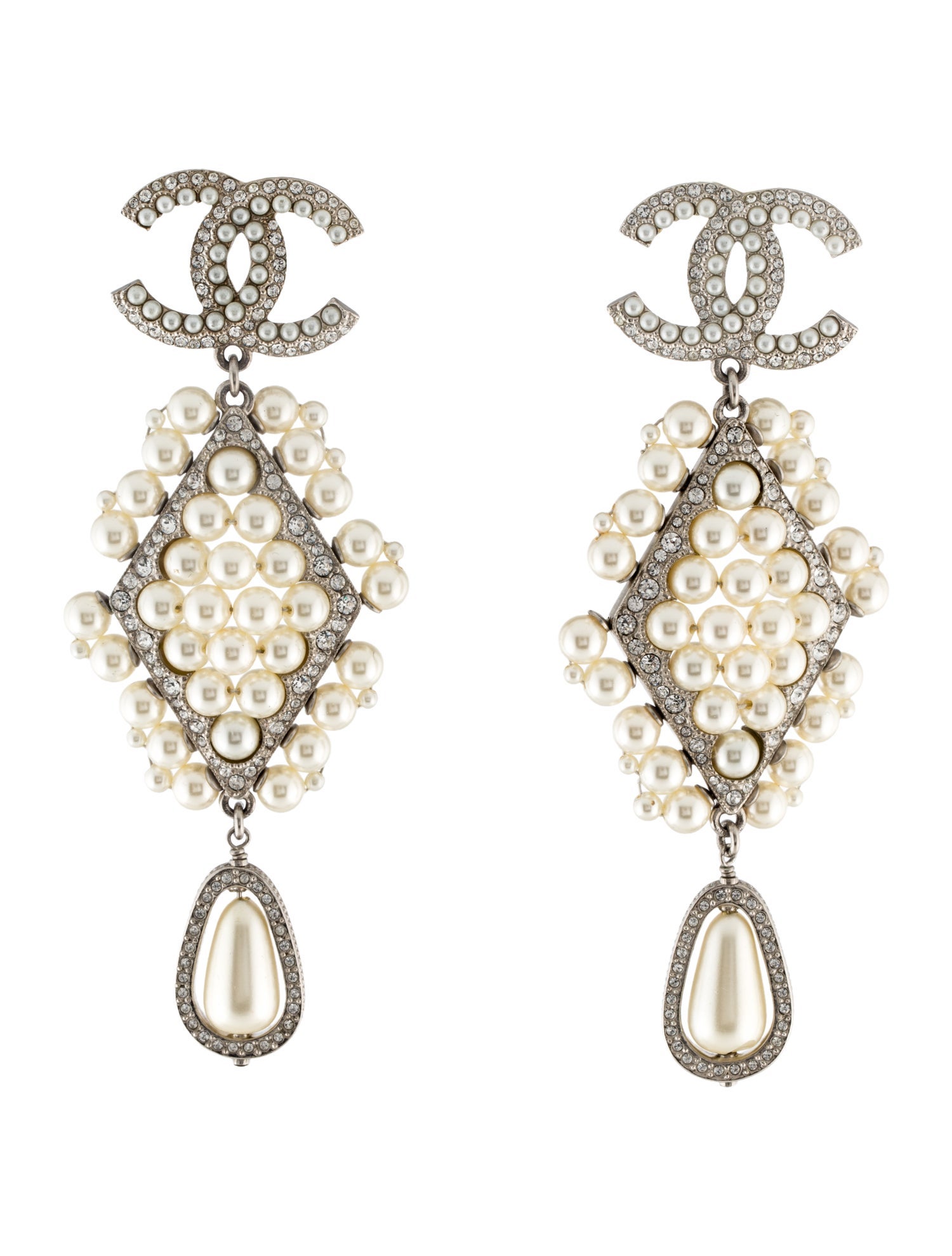 Chanel Faux Pearl & Strass CC Drop Earrings