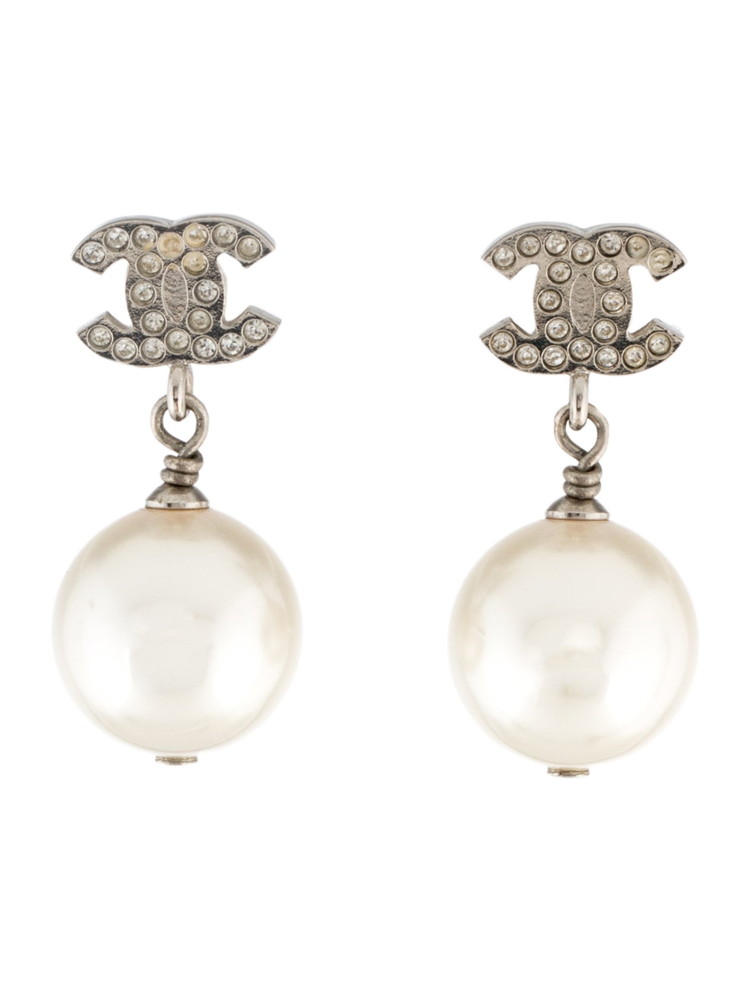 Chanel Faux Pearl & Strass CC Drop Earrings