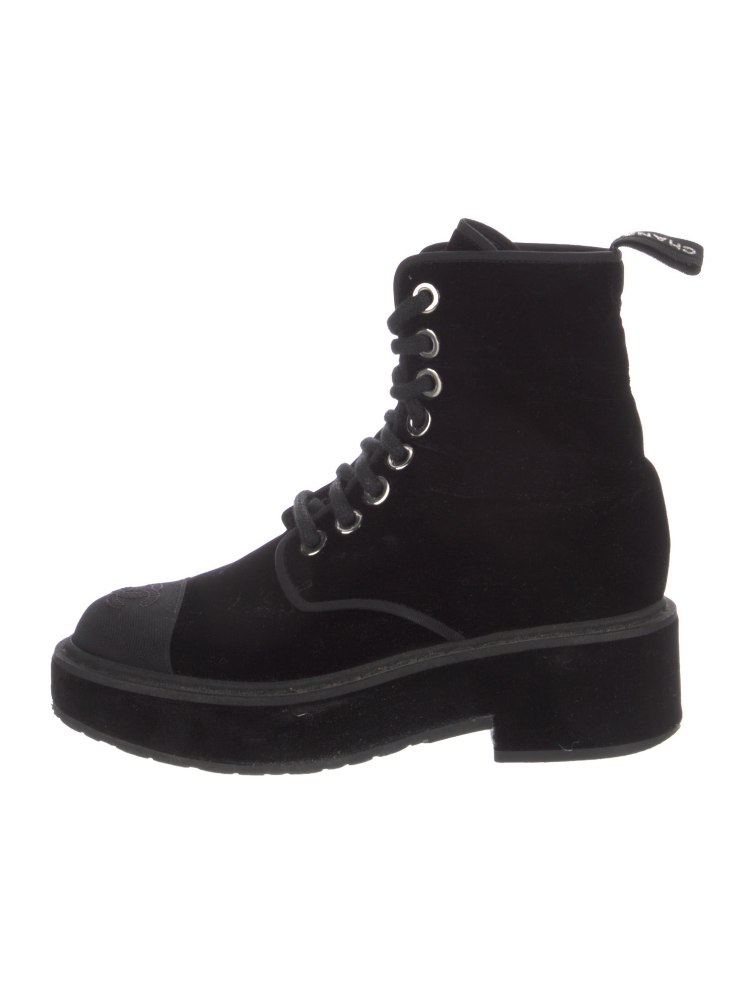 Chanel Interlocking CC Logo Velvet Combat Boots