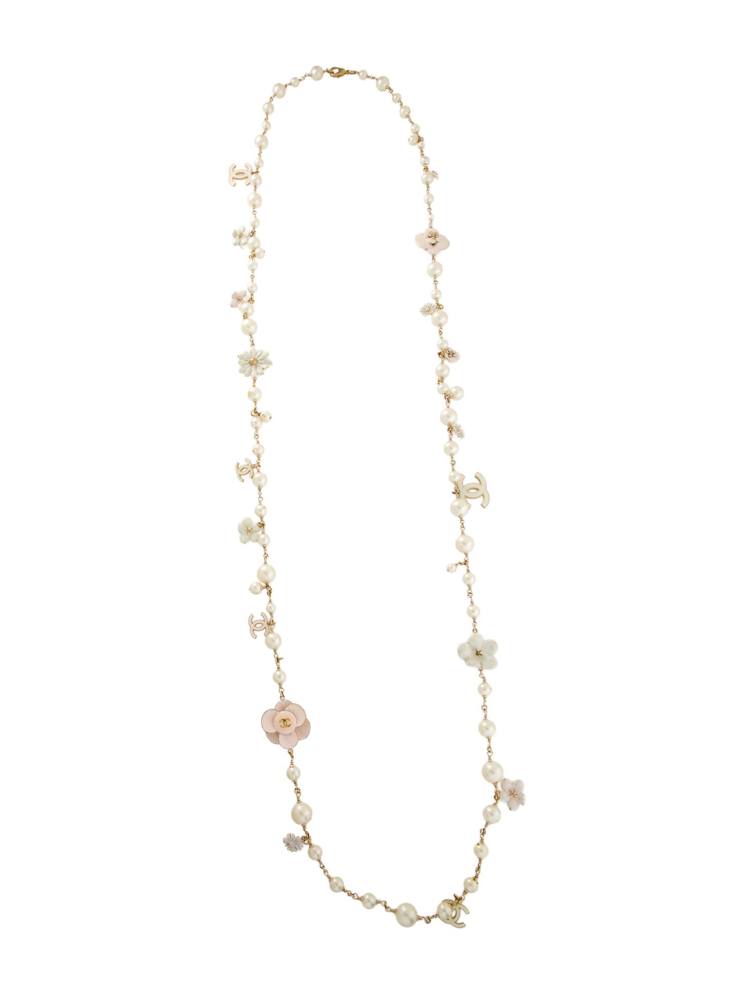 Chanel Faux Pearl & Resin CC Camellia Station Strand Necklace