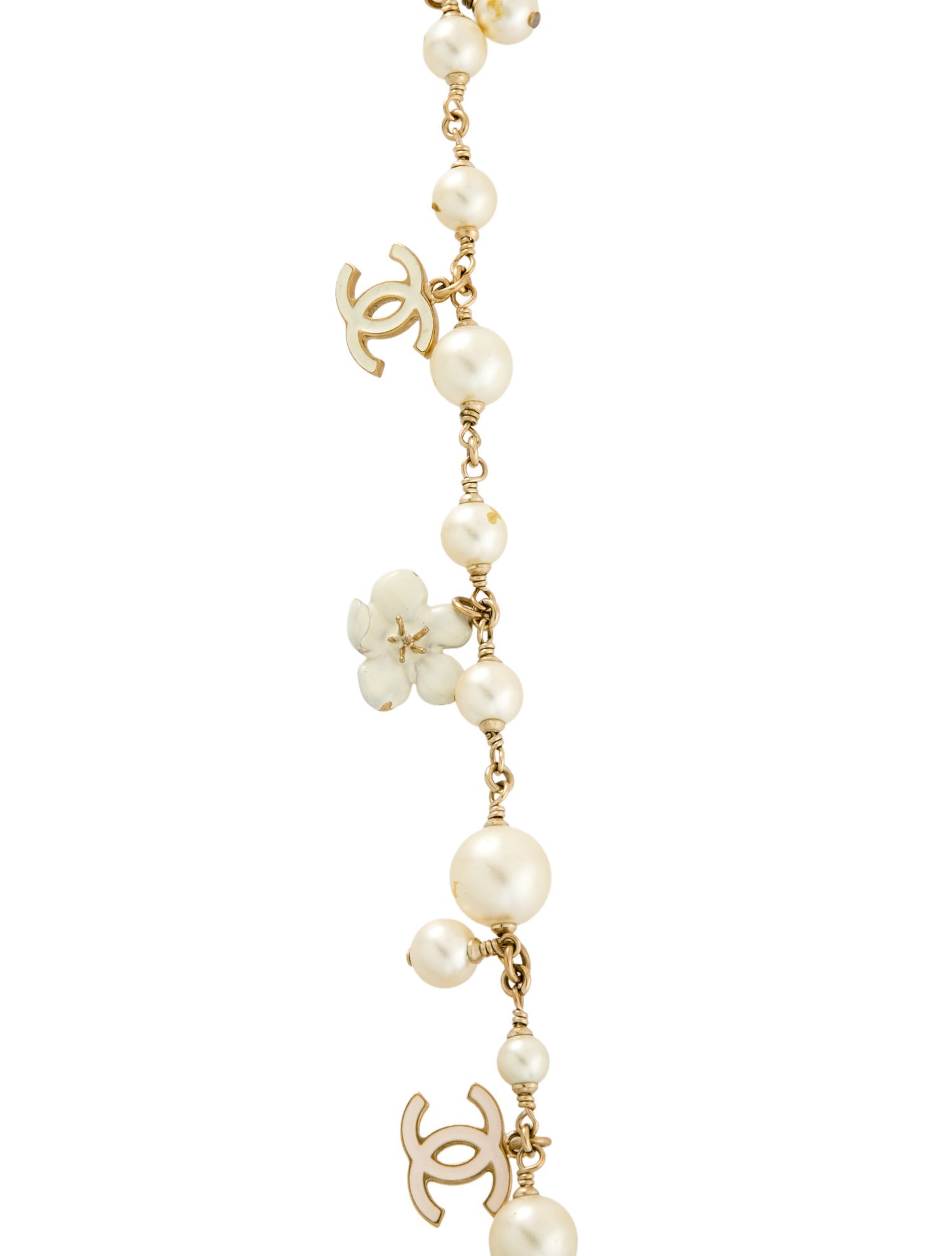 Chanel Faux Pearl & Resin CC Camellia Station Strand Necklace