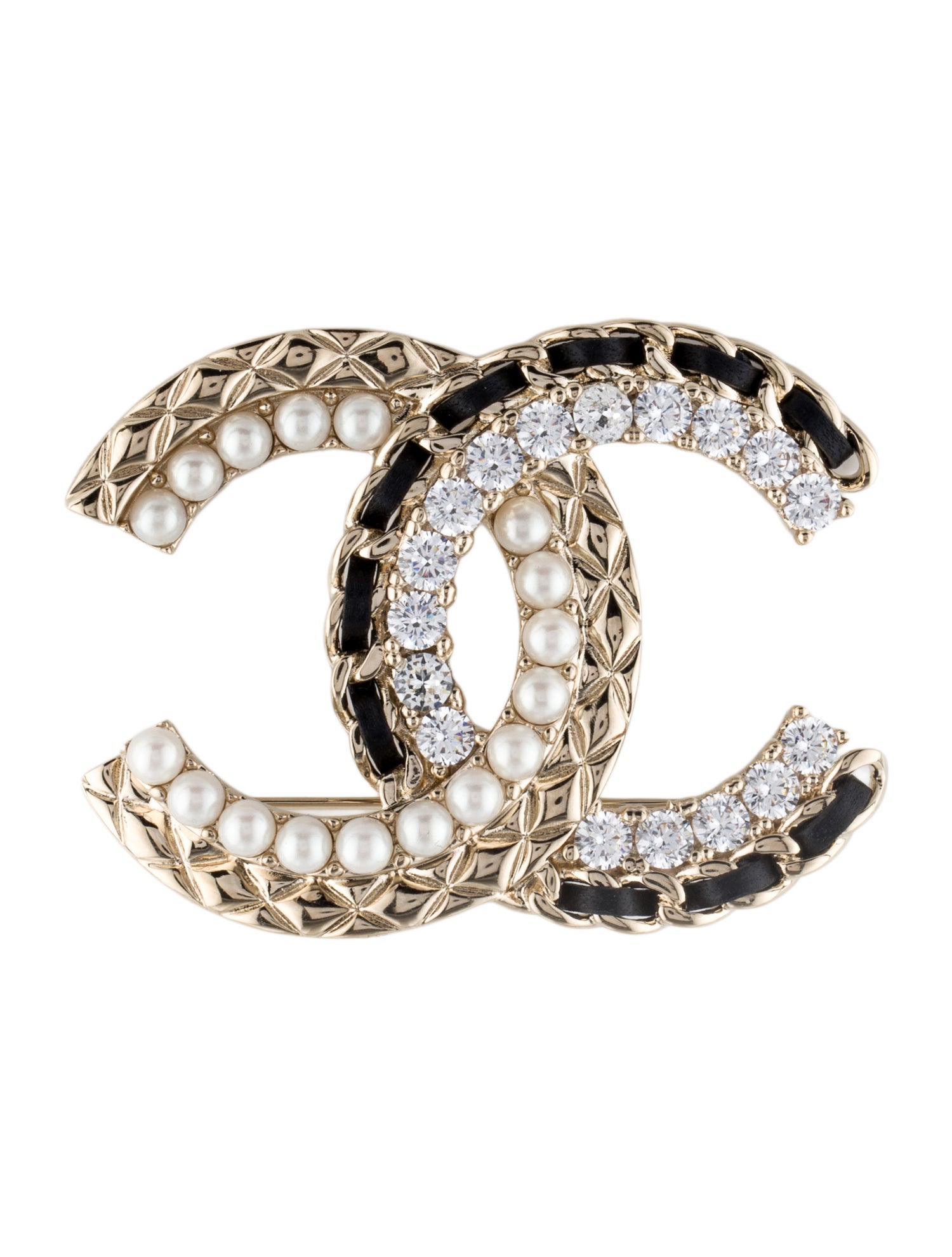 Chanel 2023 Faux Pearl, Strass & Leather CC Brooch