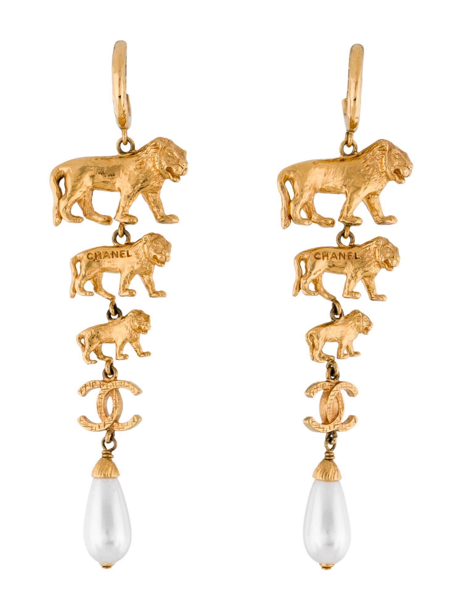 Chanel 2022 Faux Pearl Lion Clip-On Drop Earrings