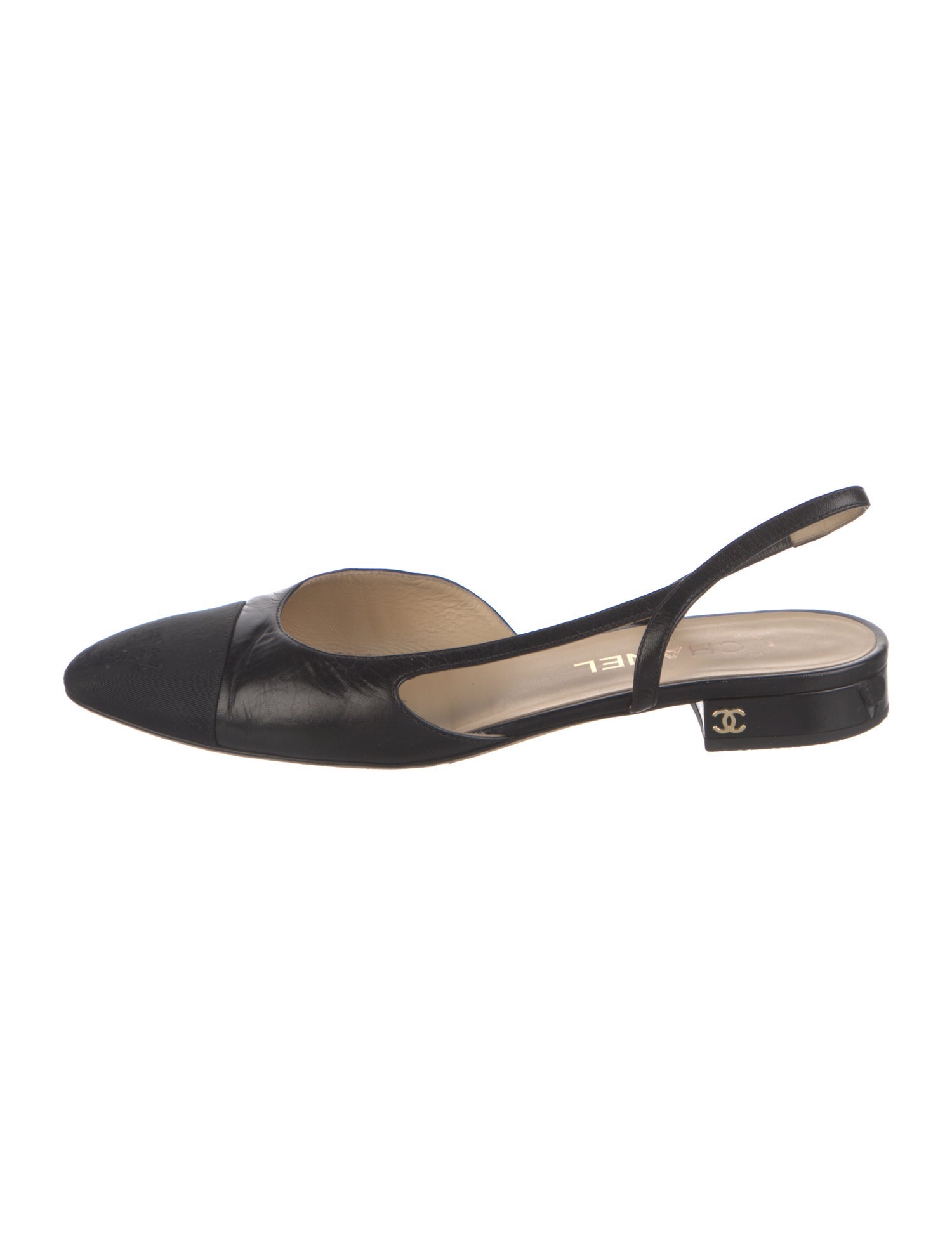 Chanel Interlocking CC Logo Leather Slingback Flats