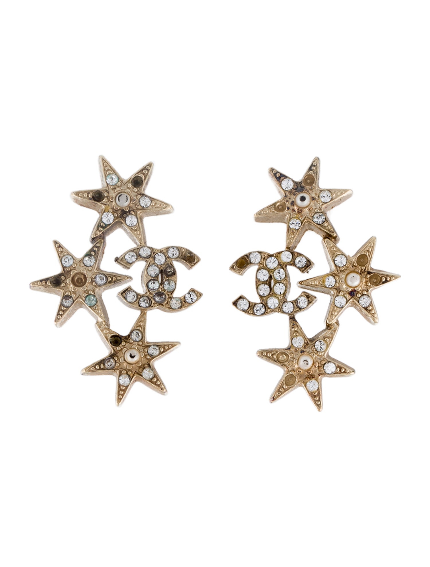 Chanel Faux Pearl & Strass CC Star Earrings