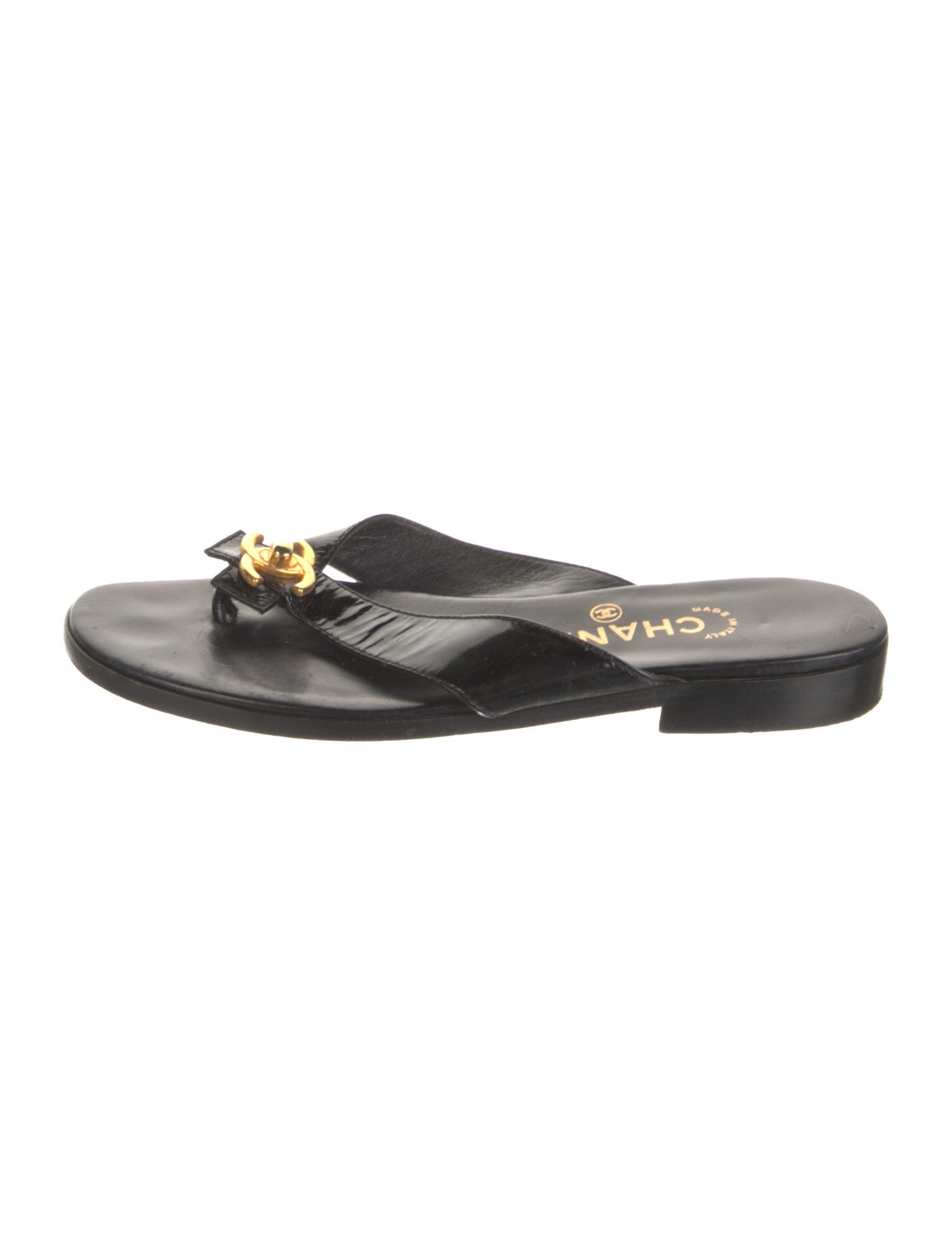 Chanel Interlocking CC Logo Patent Leather Slides