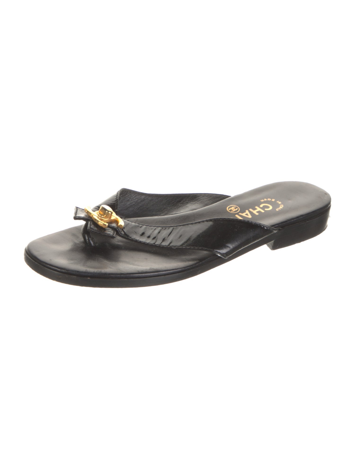 Chanel Interlocking CC Logo Patent Leather Slides