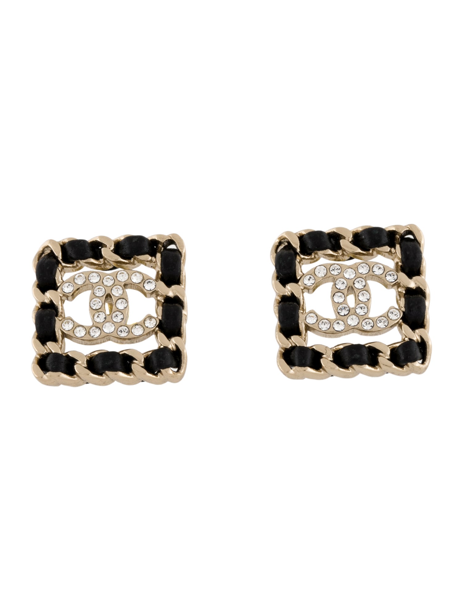 Chanel Leather & Strass CC Stud Earrings