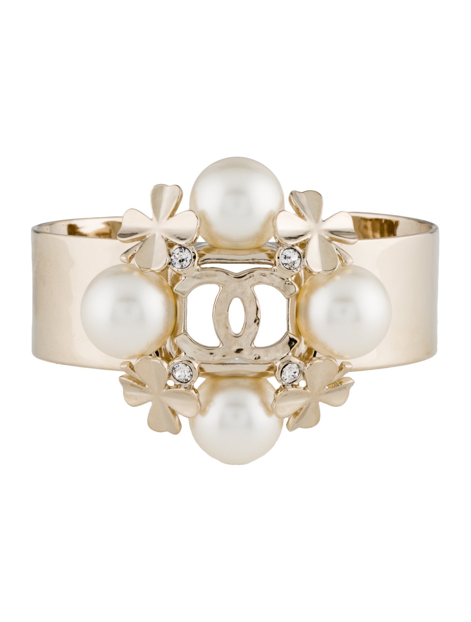 Chanel 2022 Faux Pearl & Strass CC Clover Cuff Bracelet