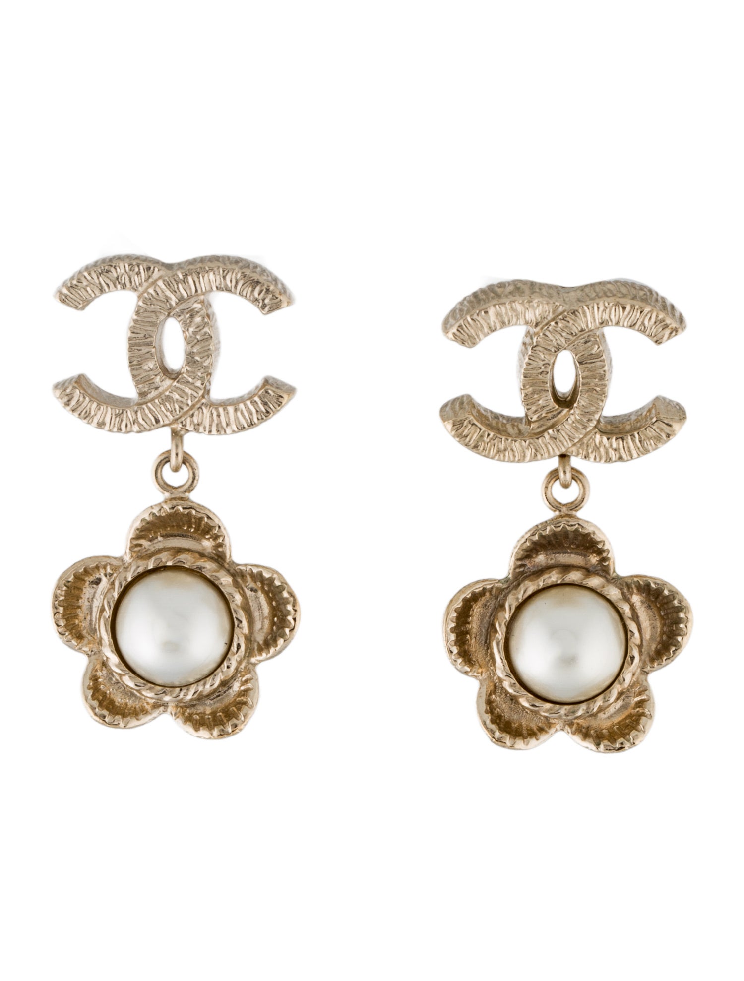 Chanel Faux Pearl CC Flower Drop Earrings