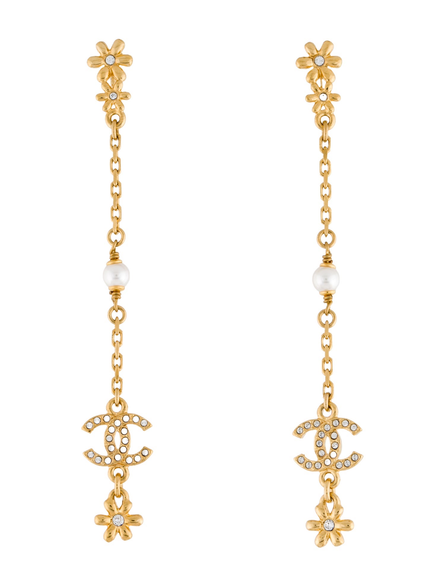 Chanel 2023 Faux Pearl Flower CC Drop Earrings