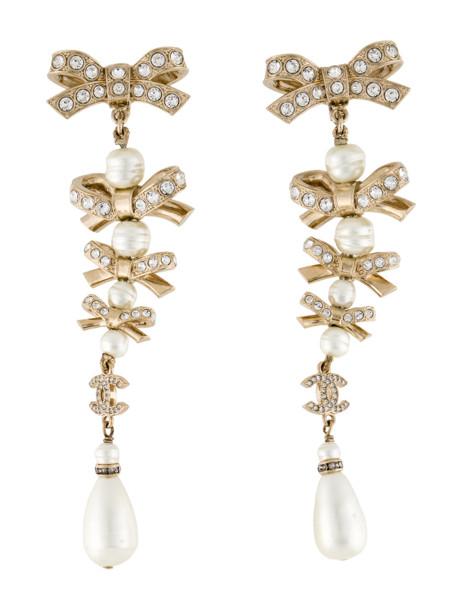 Chanel 2023 Faux Pearl & Strass CC Clip-On Drop Earrings
