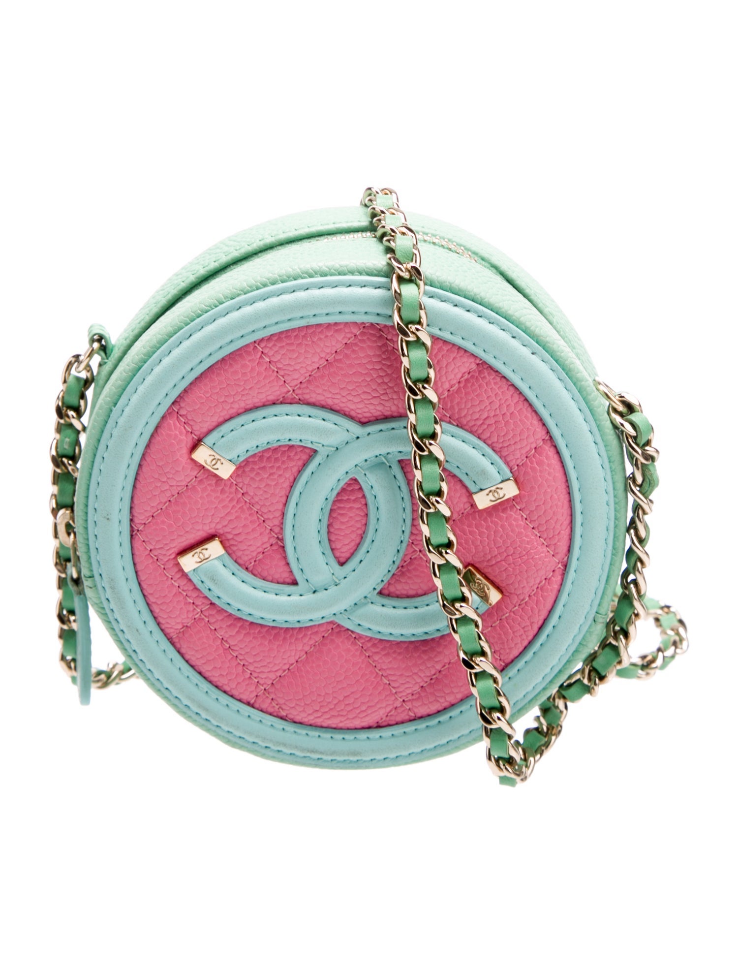 Chanel Quilted Caviar Filigree Round Clutch w/ Chain