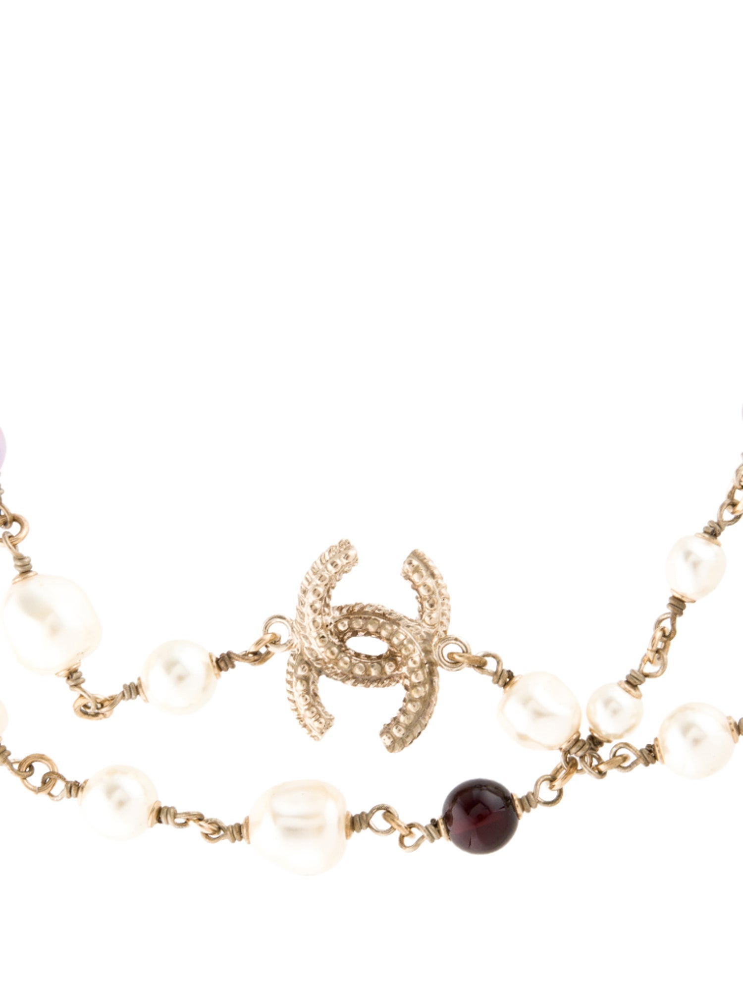 Chanel Faux Pearl, Purple Stone & Resin CC Long Strand Necklace
