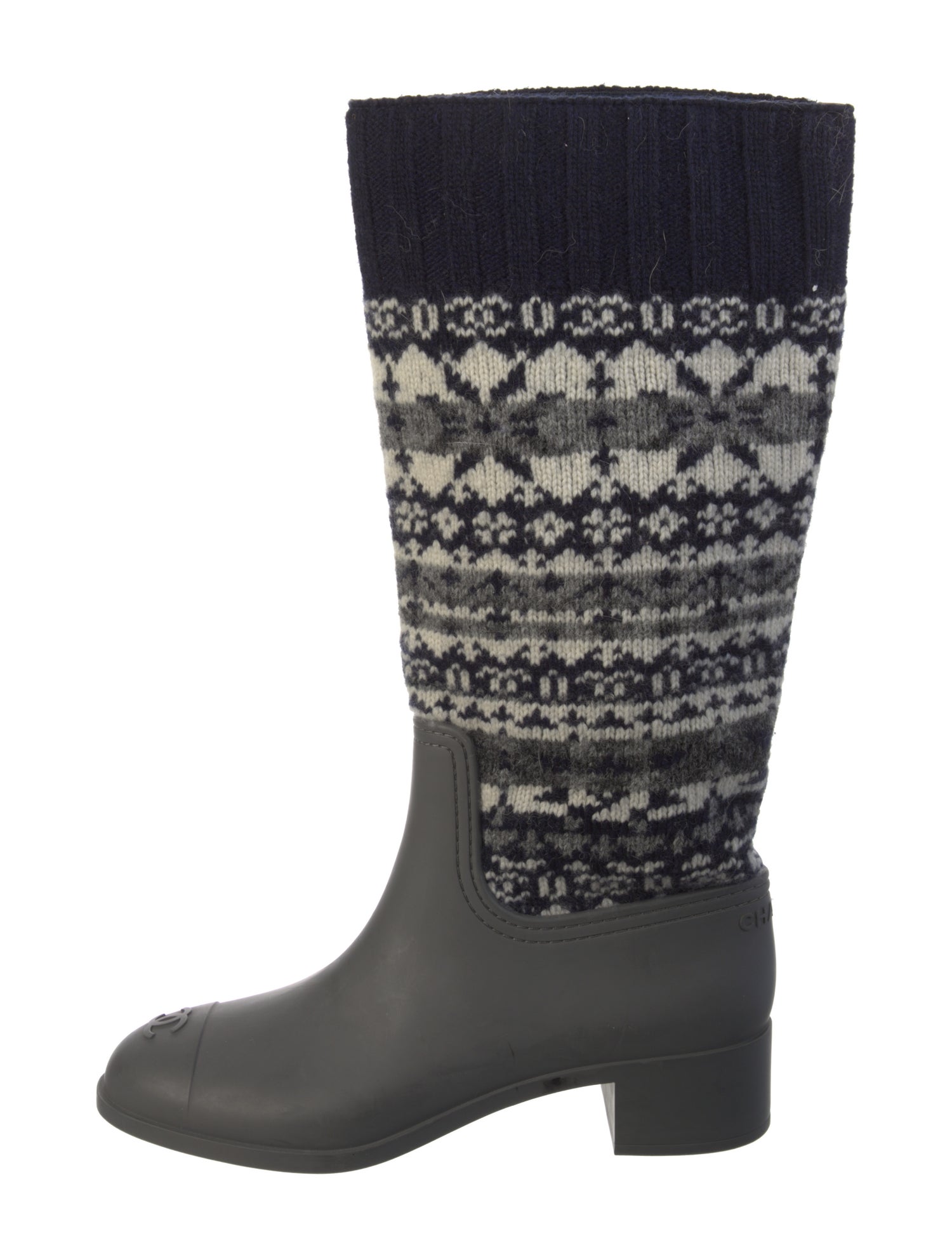 Chanel Interlocking CC Logo Leather Trim Embellishment Rain Boots