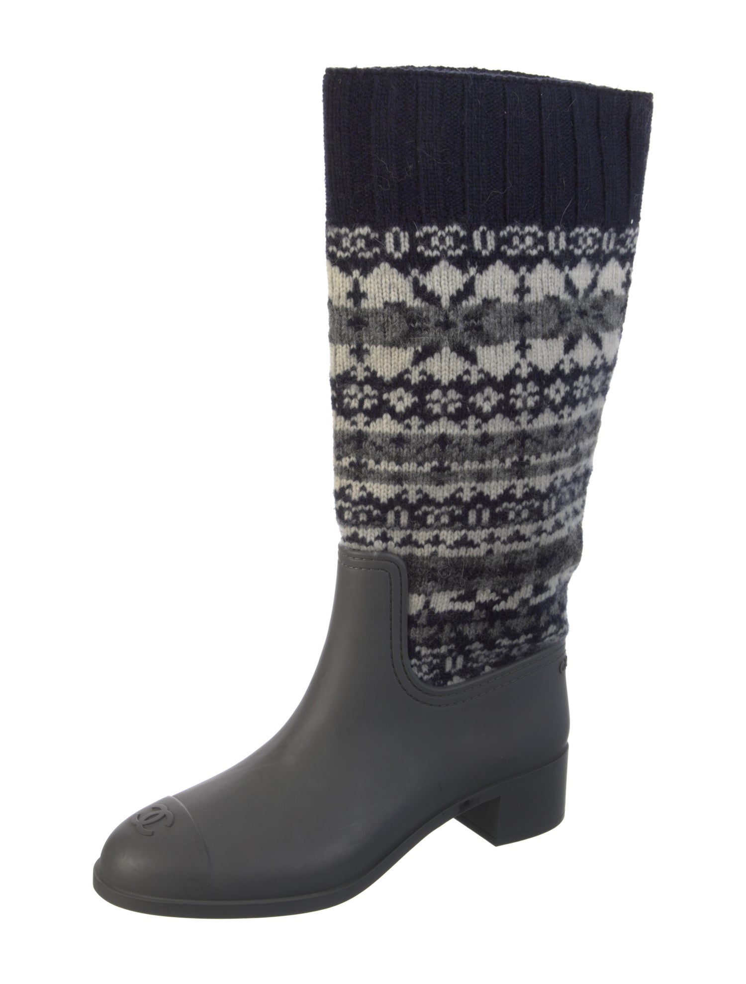 Chanel Interlocking CC Logo Leather Trim Embellishment Rain Boots