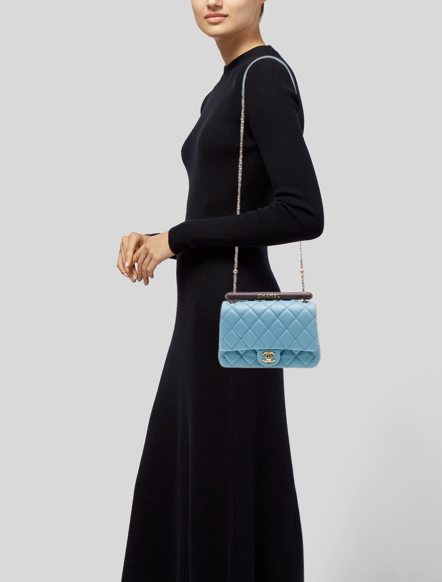 Chanel 2023 Small Wenge Wood Top Handle Flap Bag - Blue Crossbody
