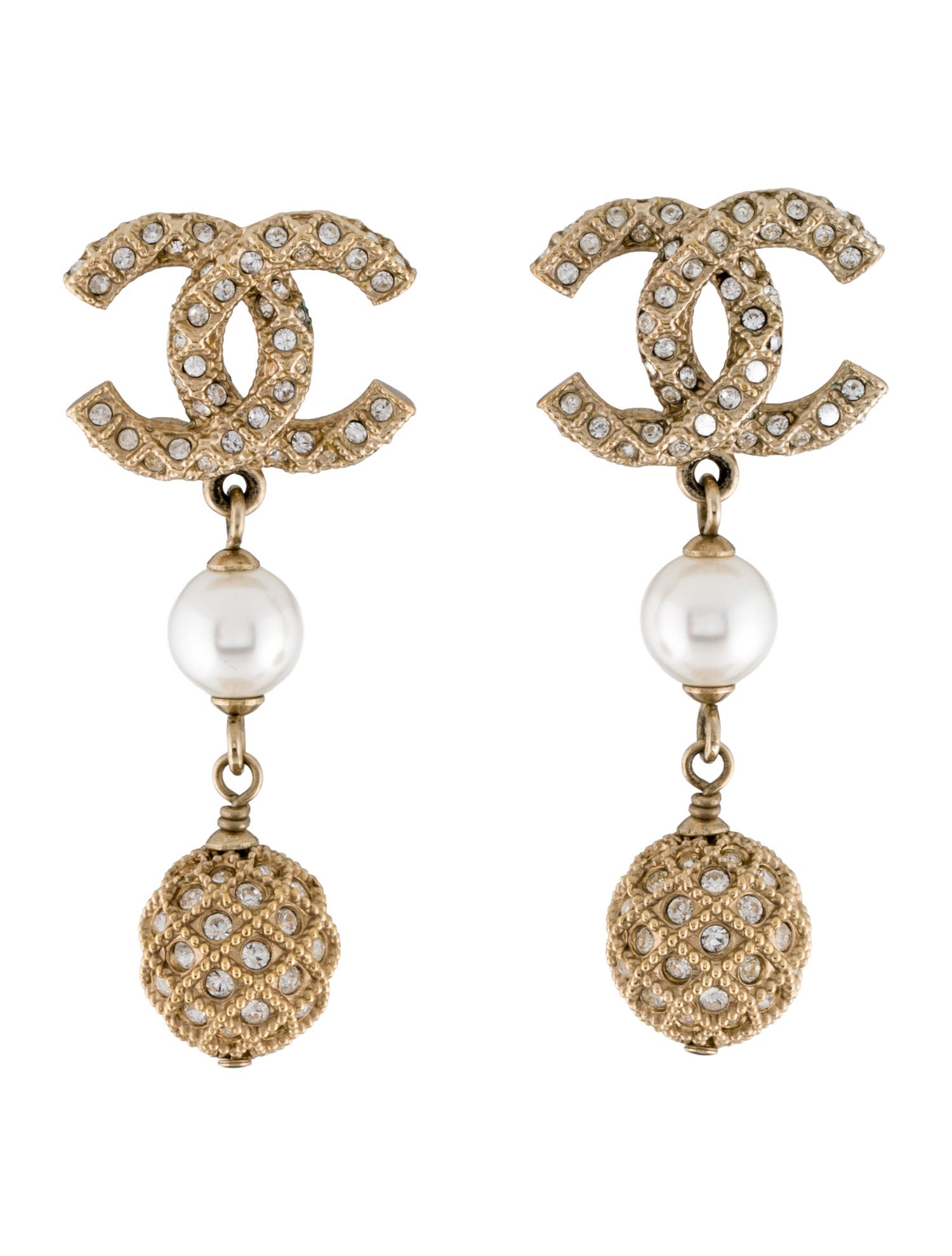 Chanel Faux Pearl & Strass CC Drop Earrings