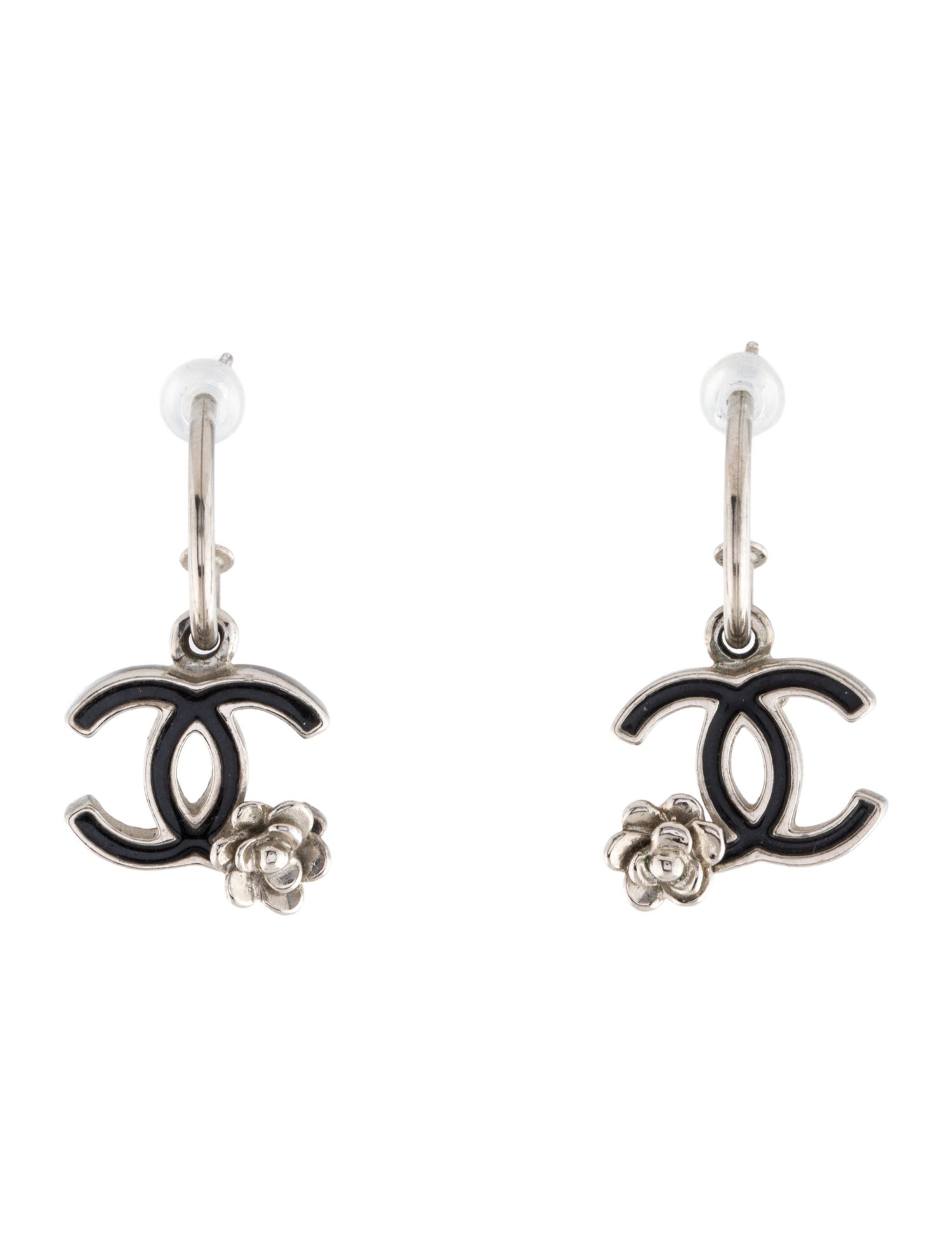 Chanel Enamel CC Camellia Drop Hoop Earrings