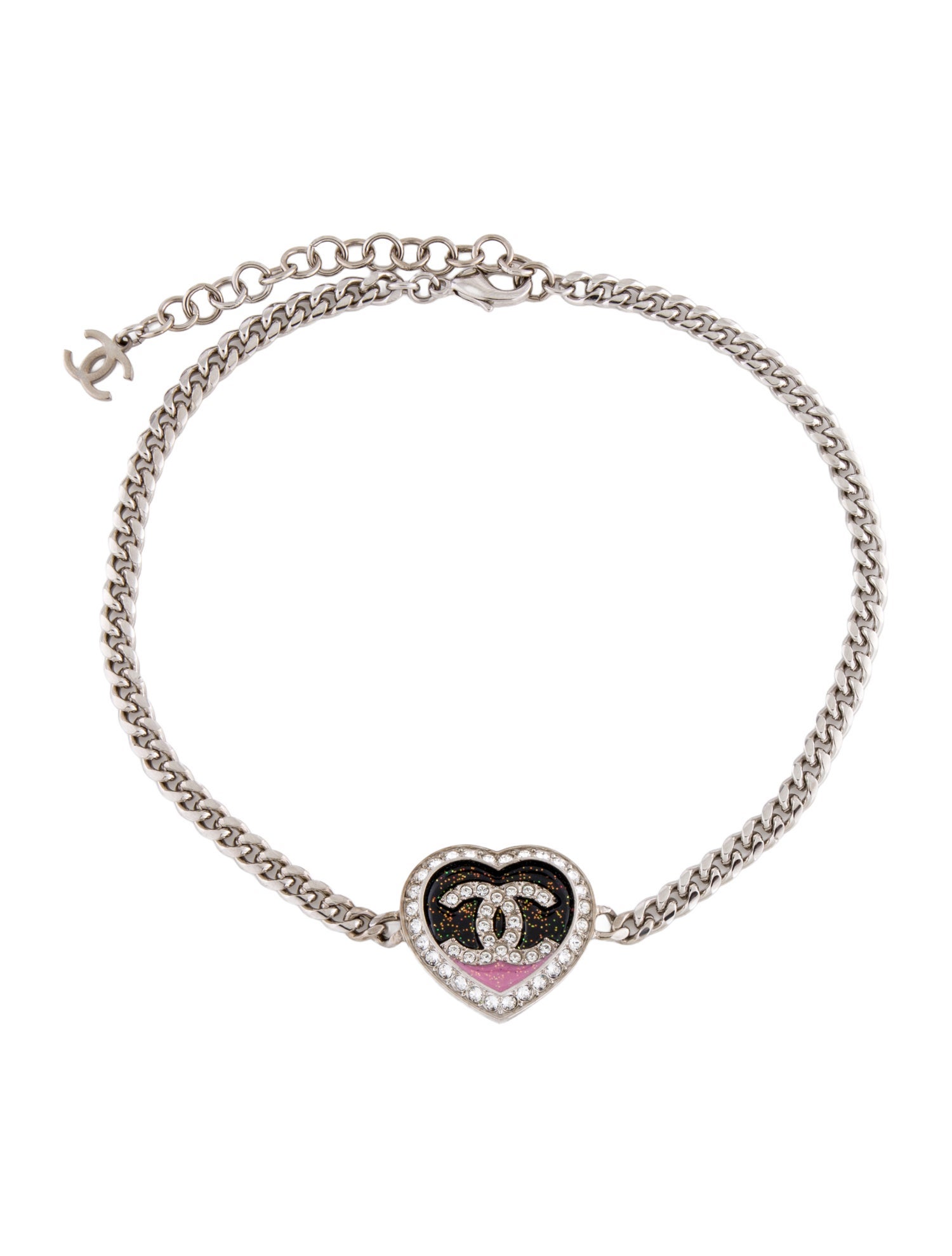 Chanel 2023 Resin, Glitter & Strass CC Heart Necklace