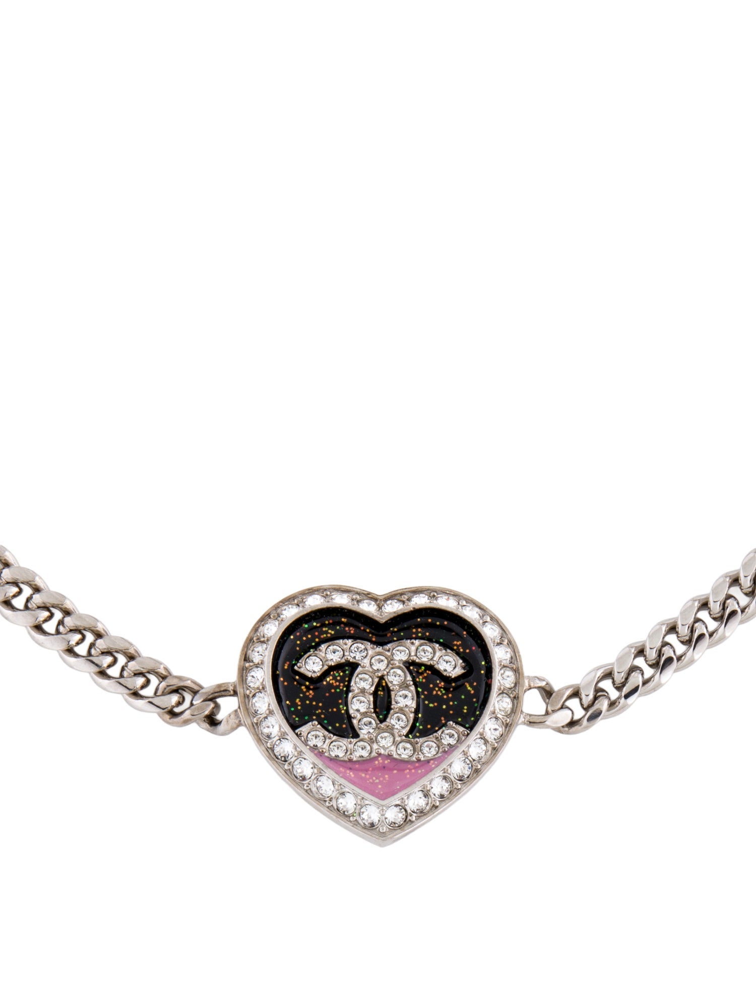 Chanel 2023 Resin, Glitter & Strass CC Heart Necklace
