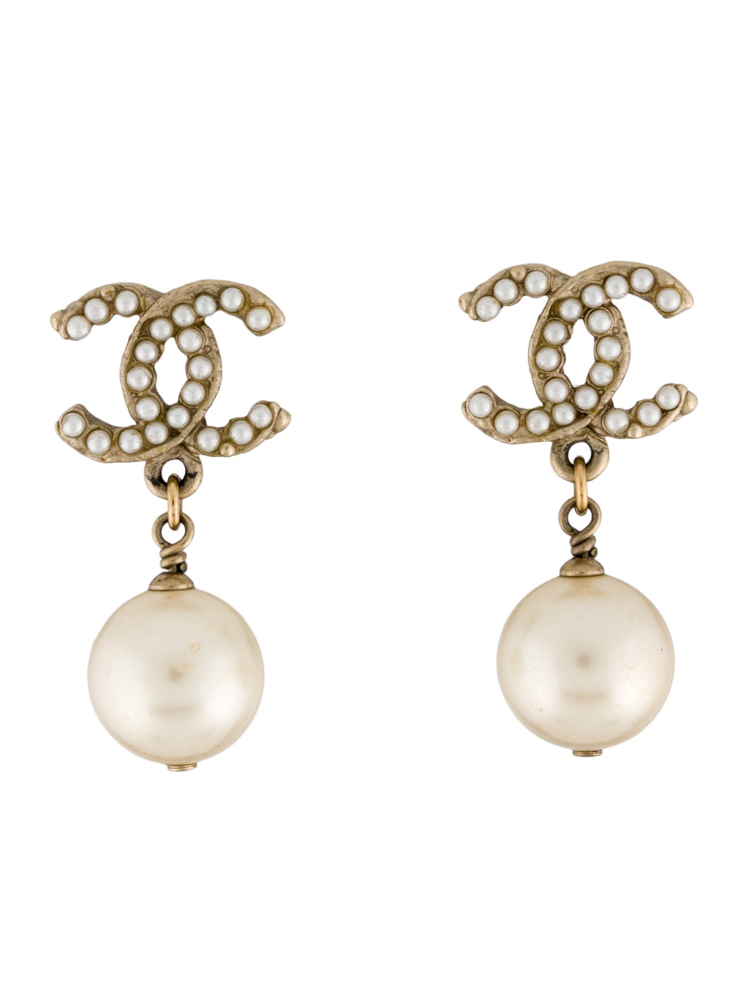 Chanel Faux Pearl CC Drop Earrings