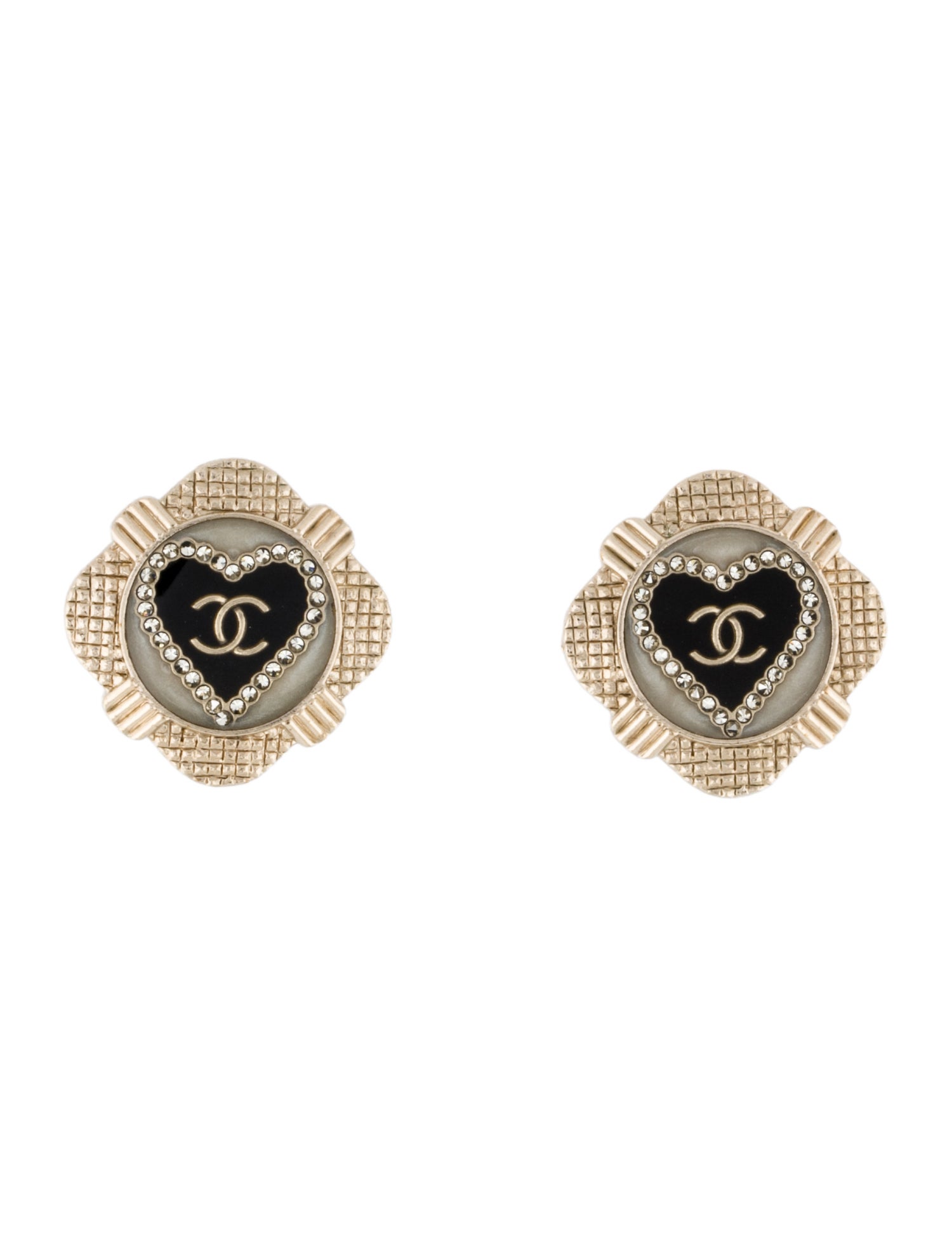Chanel 2021 Resin & Strass Deco Heart Stud Earrings