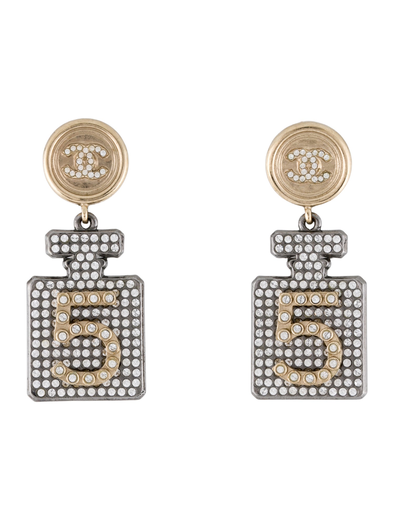 Chanel Two-Tone Strass CC Parfum N°5 Drop Earrings