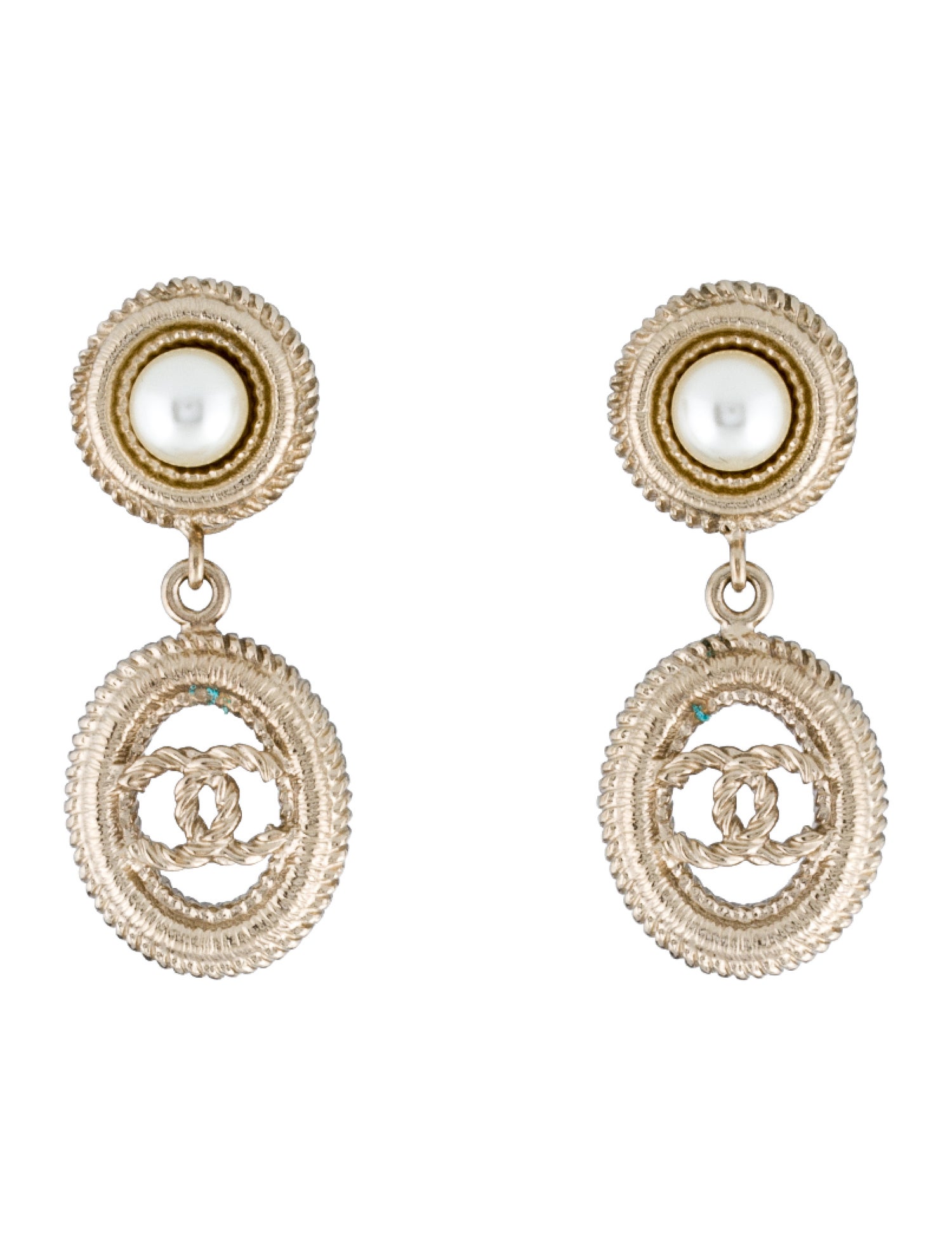 Chanel Faux Pearl CC Drop Earrings