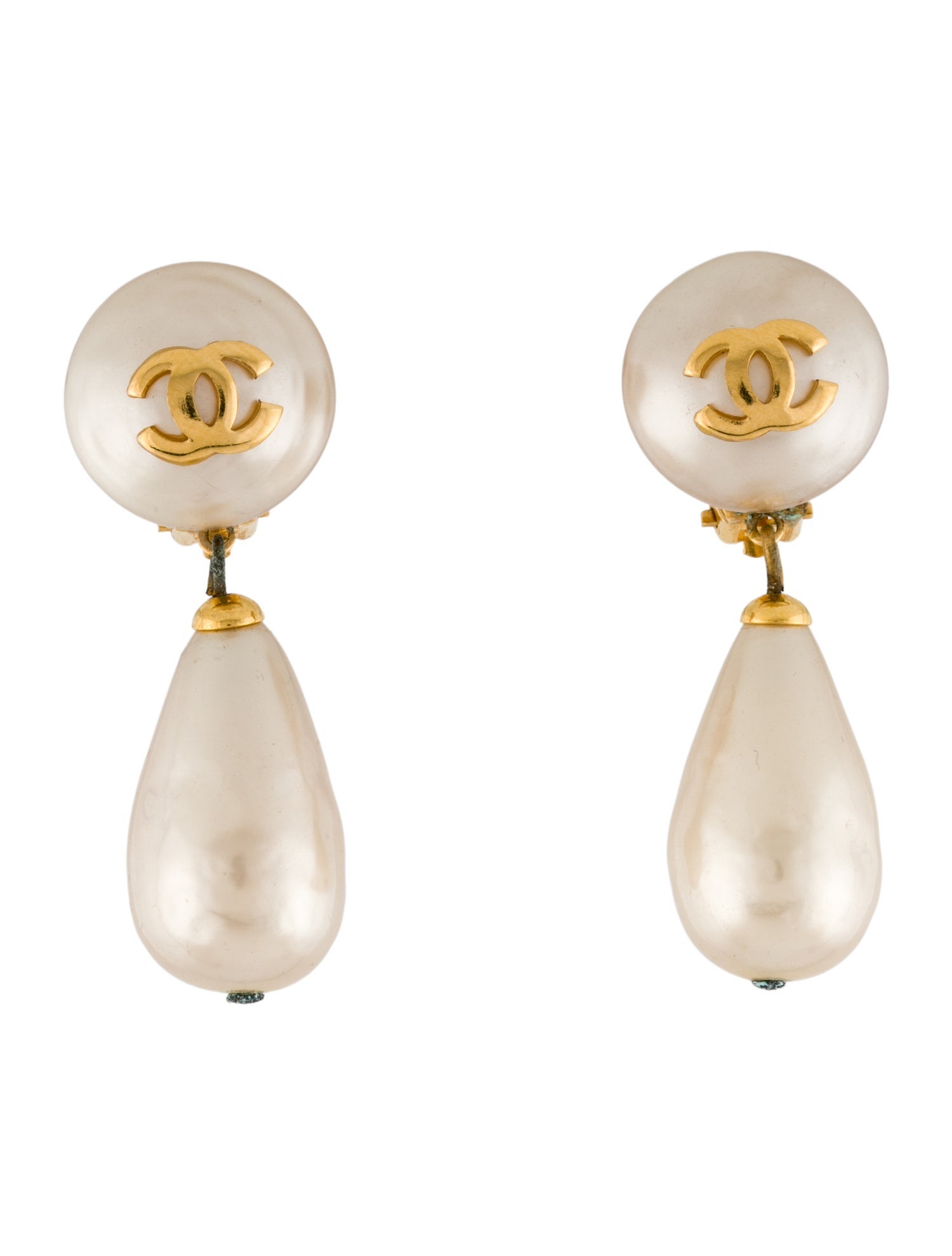 Chanel Vintage Faux Pearl CC Clip-On Drop Earrings