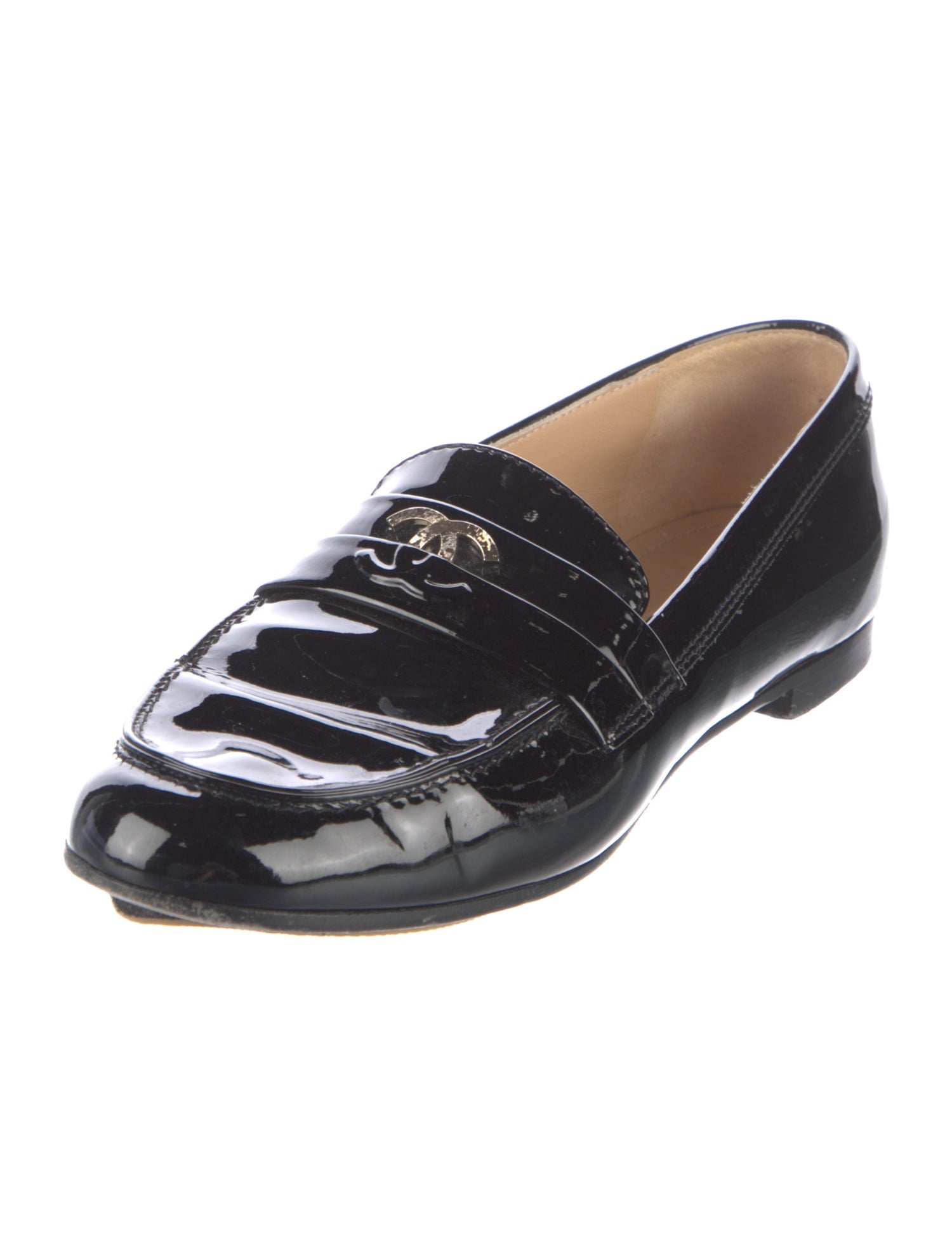 Chanel Interlocking CC Logo Patent Leather Loafers