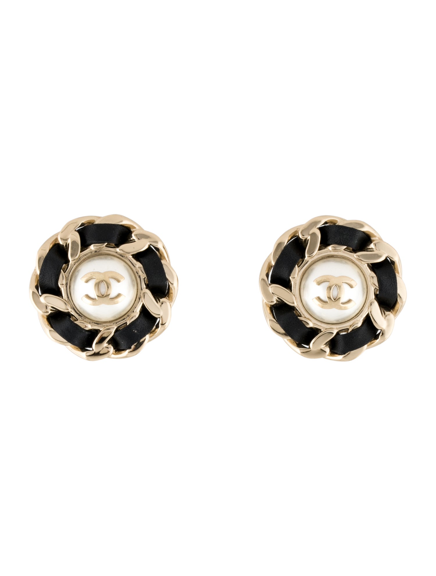 Chanel Leather & Faux Pearl CC Stud Earrings