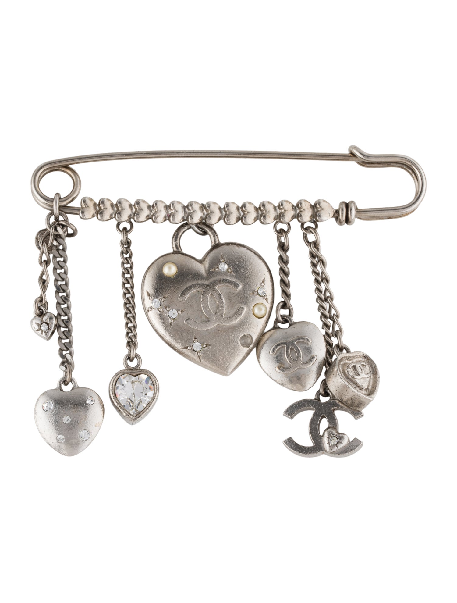 Chanel Faux Pearl & Strass Heart Charm Safety Pin Brooch