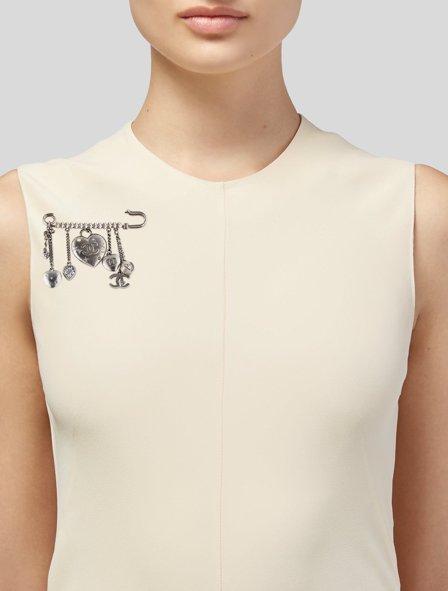 Chanel Faux Pearl & Strass Heart Charm Safety Pin Brooch