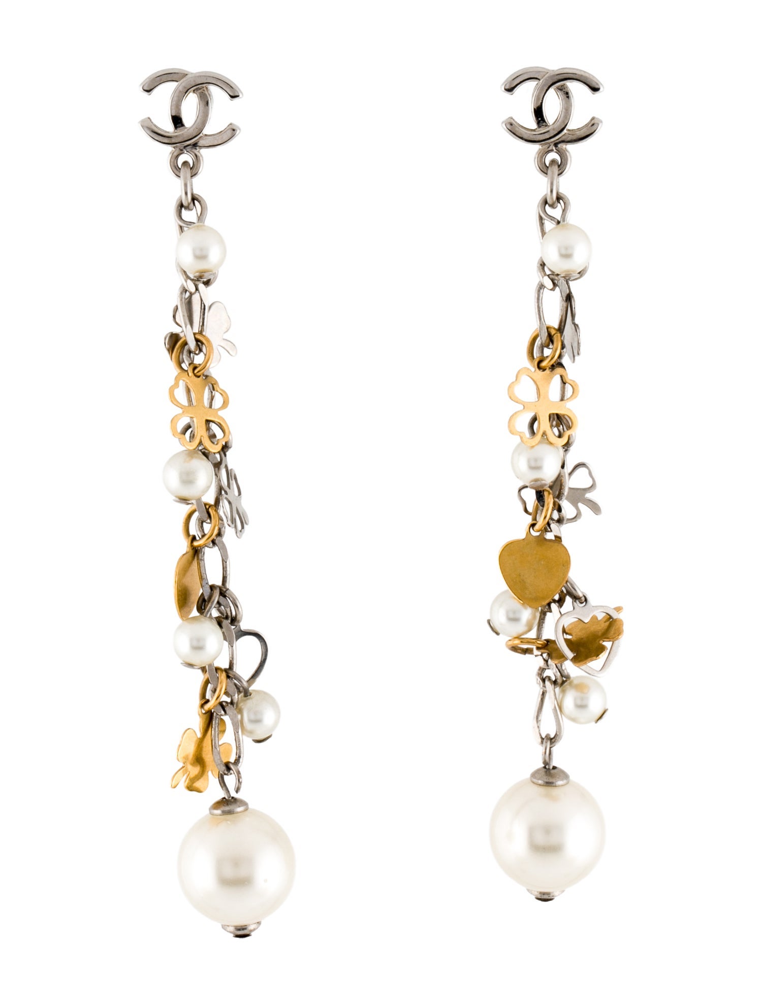 Chanel Faux Pearl CC Charm Drop Earrings