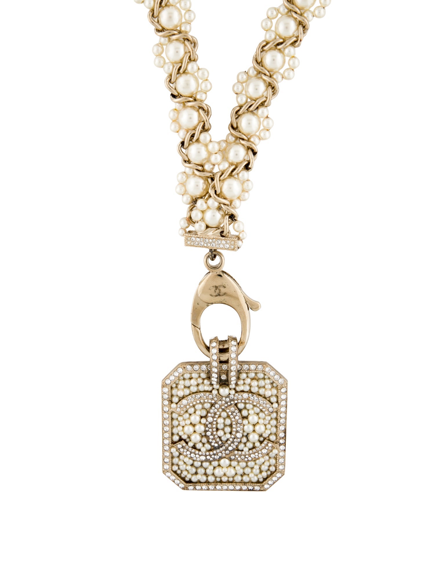 Chanel Faux Pearl & Strass CC Logo Lanyard Pendant Necklace