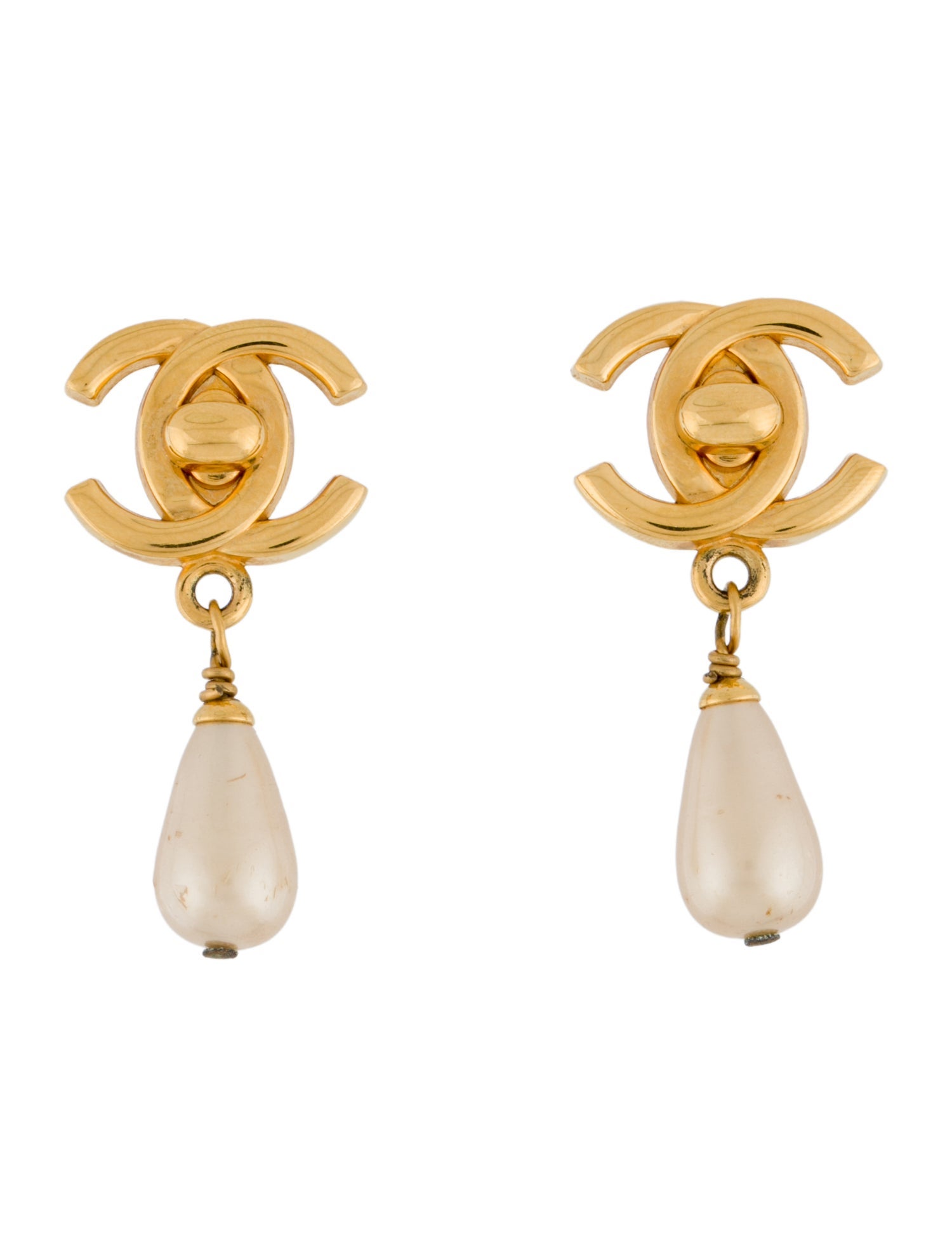 Chanel Vintage Faux Pearl CC Drop Earrings