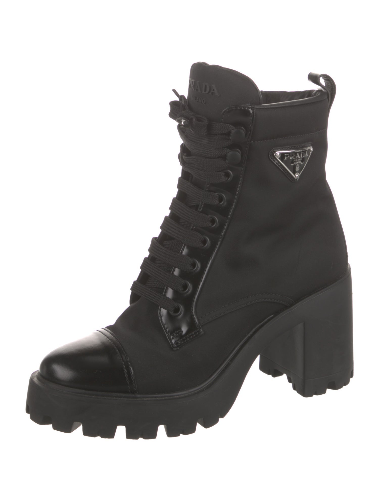 Prada Re-Nylon Enameled Metal Triangle Combat Boots
