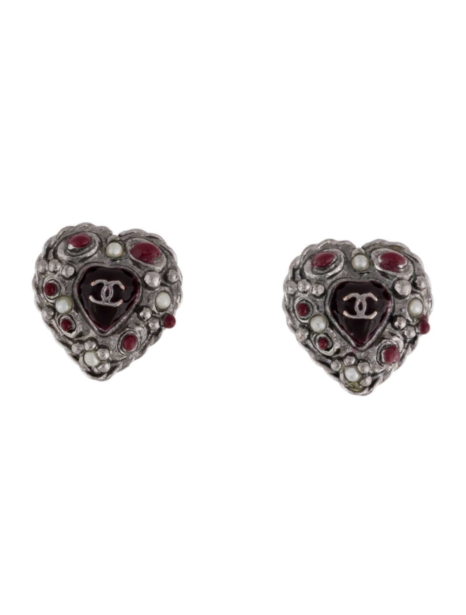 Chanel Faux Pearl & Resin Heart Stud Earrings