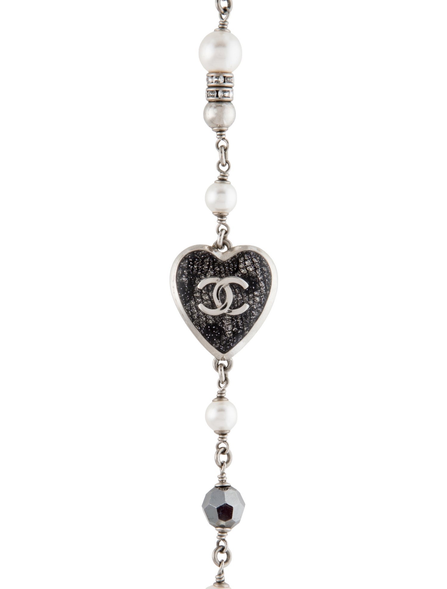 Chanel 2024 Faux Pearl & Strass CC Heart Station Long Necklace