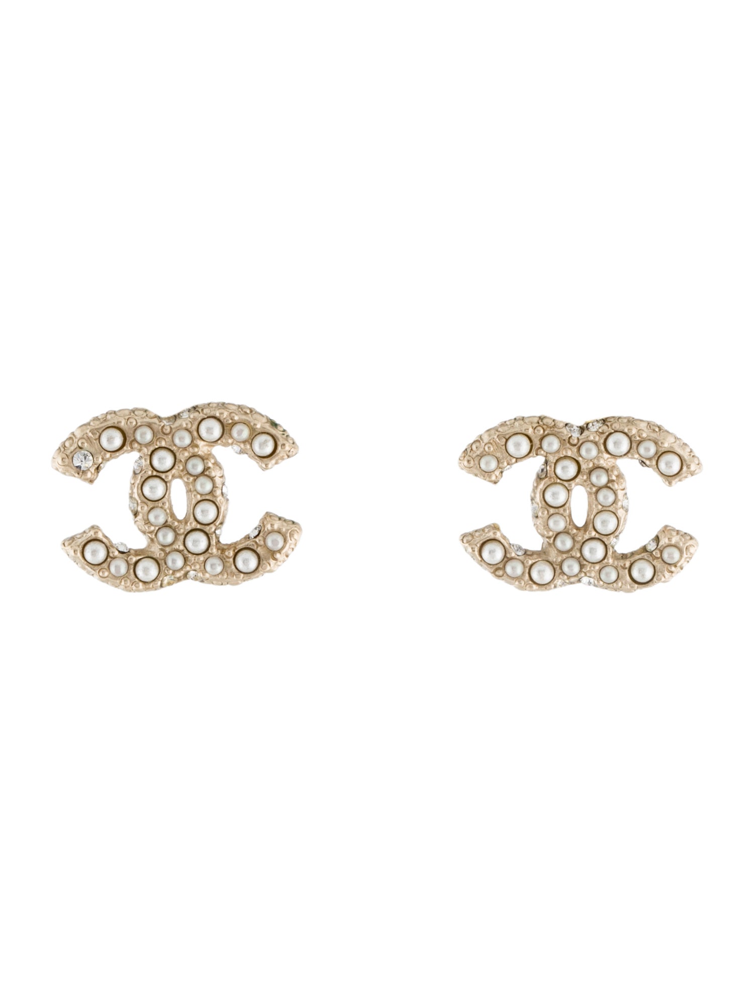 Chanel 2019 Faux Pearl & Strass CC Stud Earrings