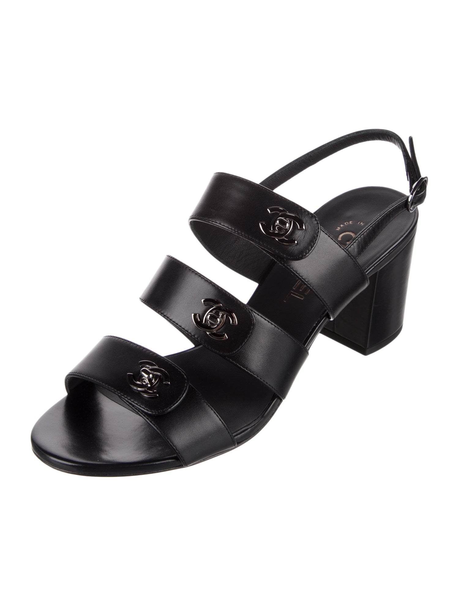 Chanel Interlocking CC Logo Leather Slingback Sandals