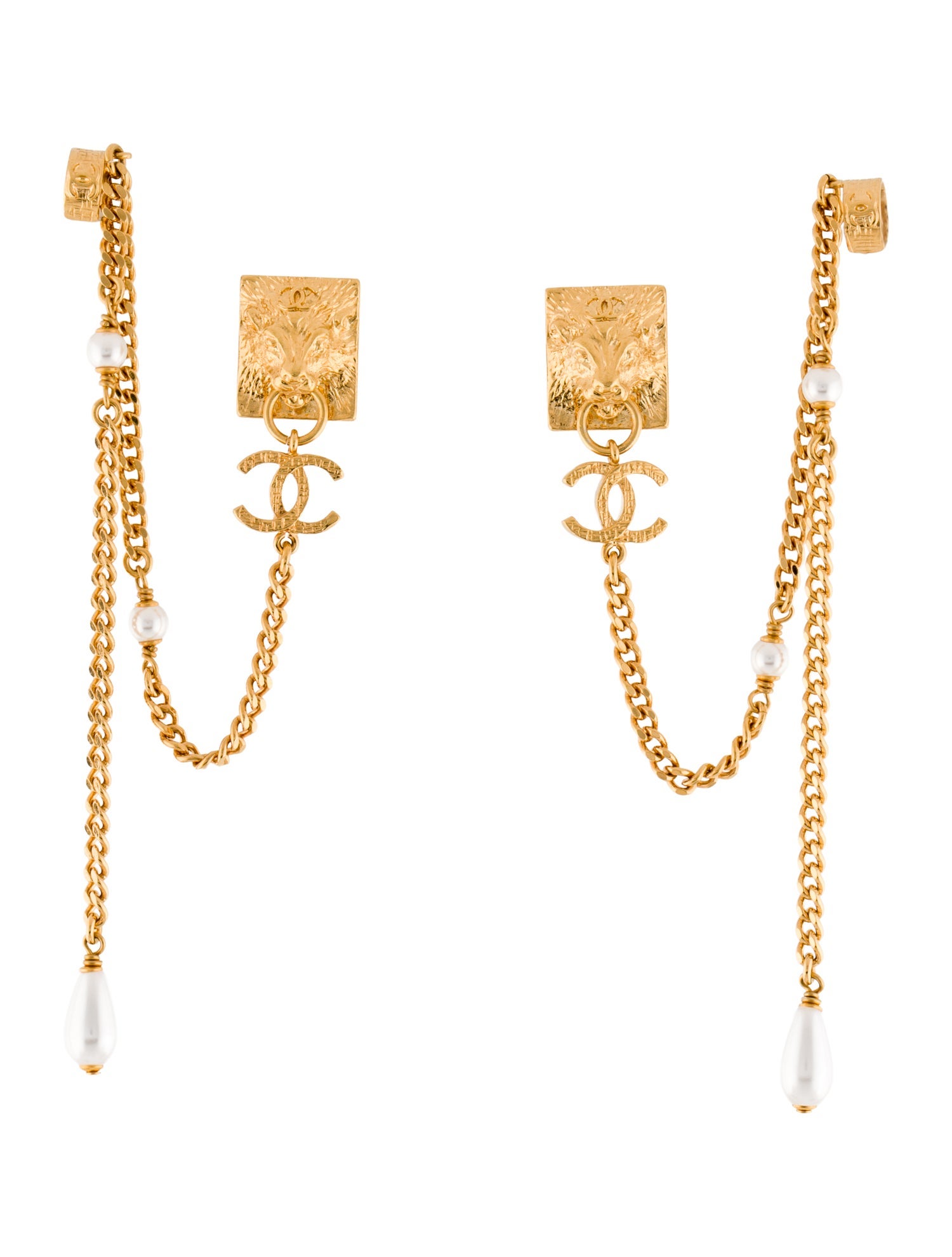 Chanel Faux Pearl CC Chain Link Ear Cuff Earrings