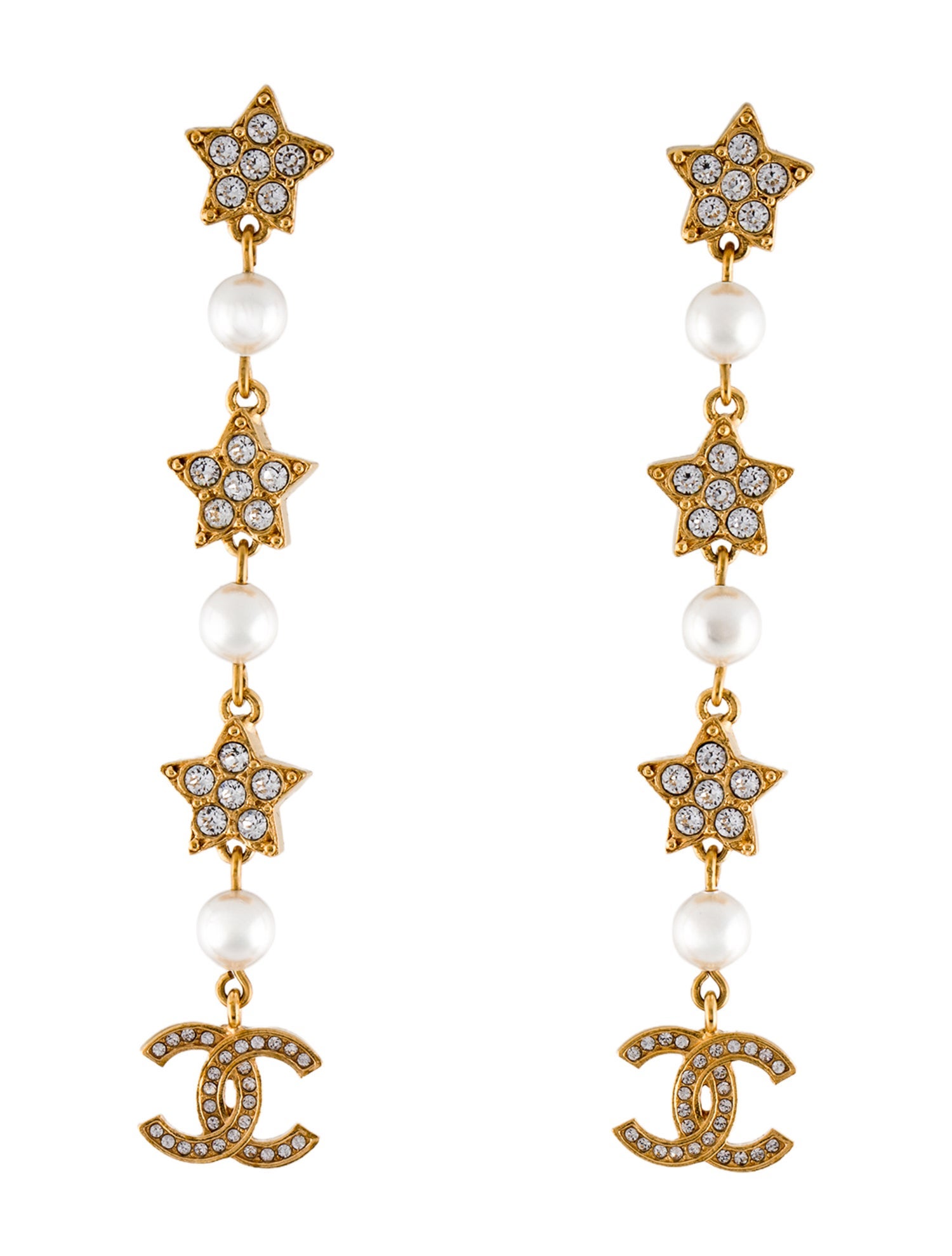 Chanel Faux Pearl & Strass CC Star Drop Earrings