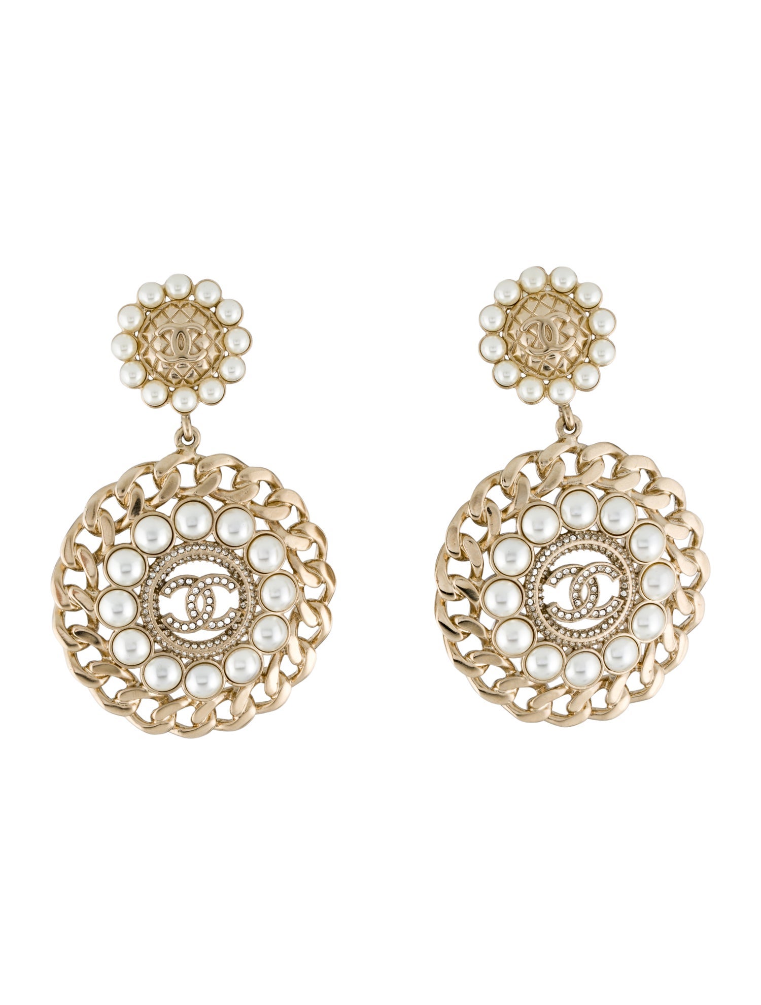 Chanel Faux Pearl & Strass CC Drop Earrings