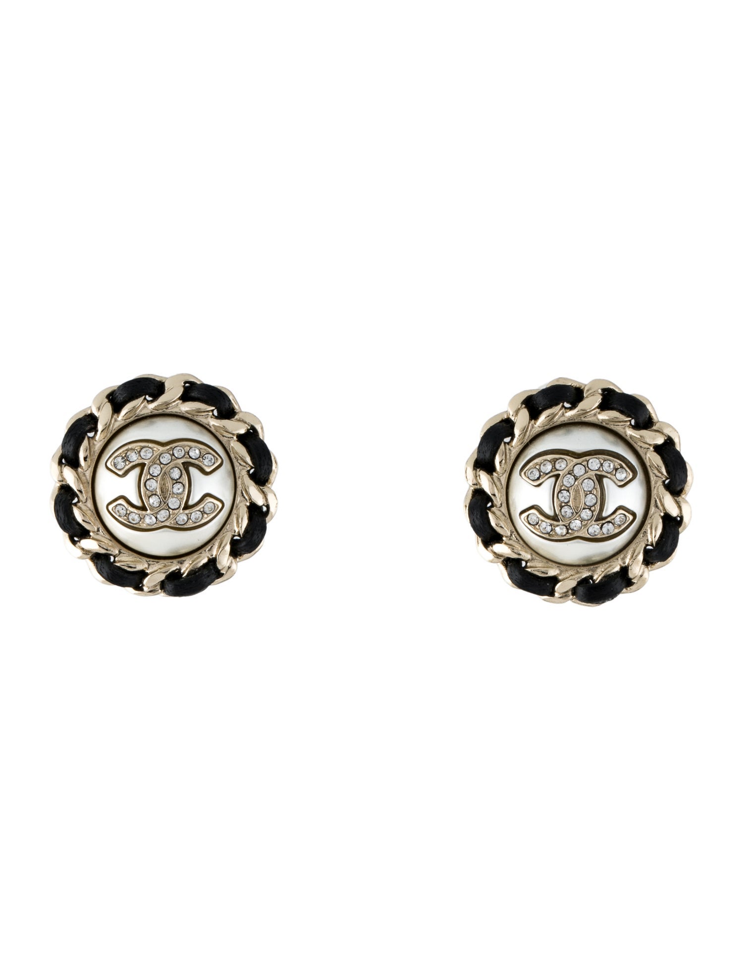 Chanel 2021 Faux Pearl, Leather & Strass CC Stud Earrings
