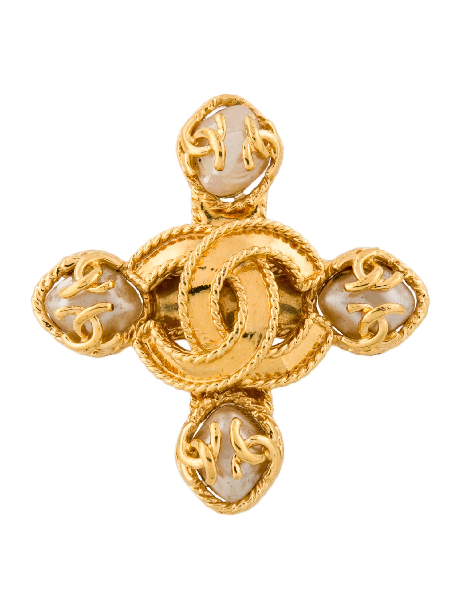 Chanel Vintage Faux Pearl CC Cross Brooch