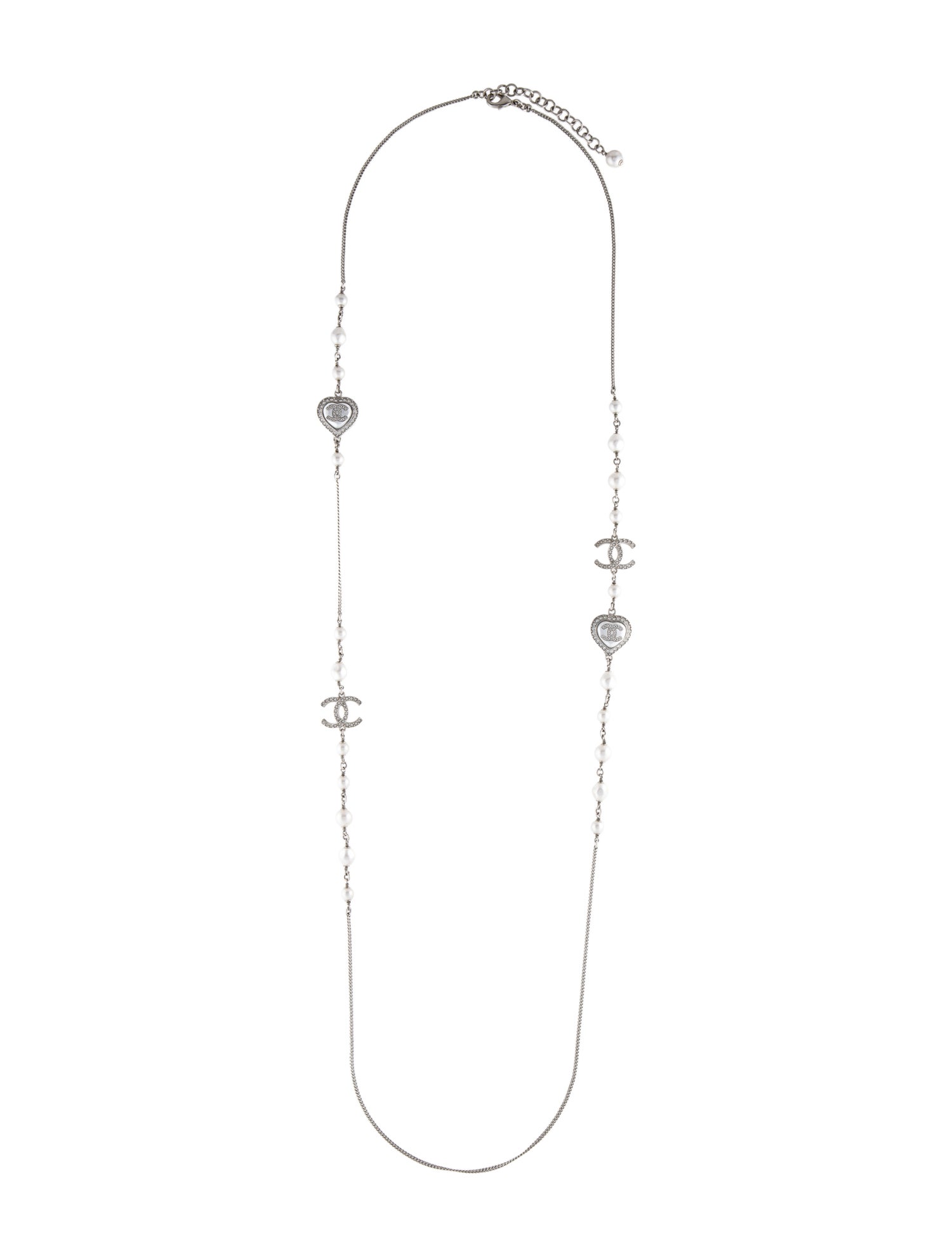 Chanel 2023 Faux Pearl & Strass CC Heart Station Necklace