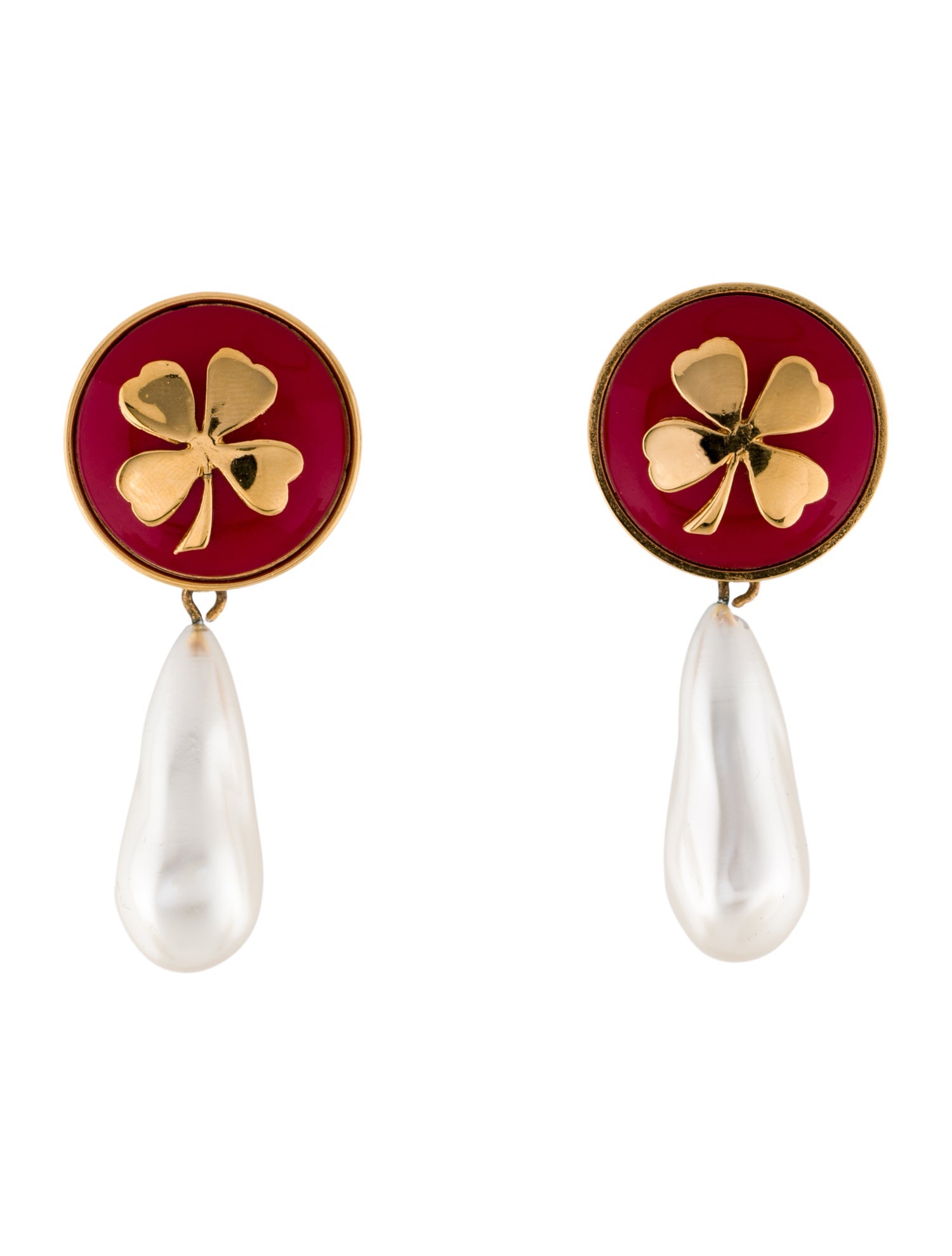 Chanel Vintage Faux Pearl & Resin Clover Clip-On Drop Earrings