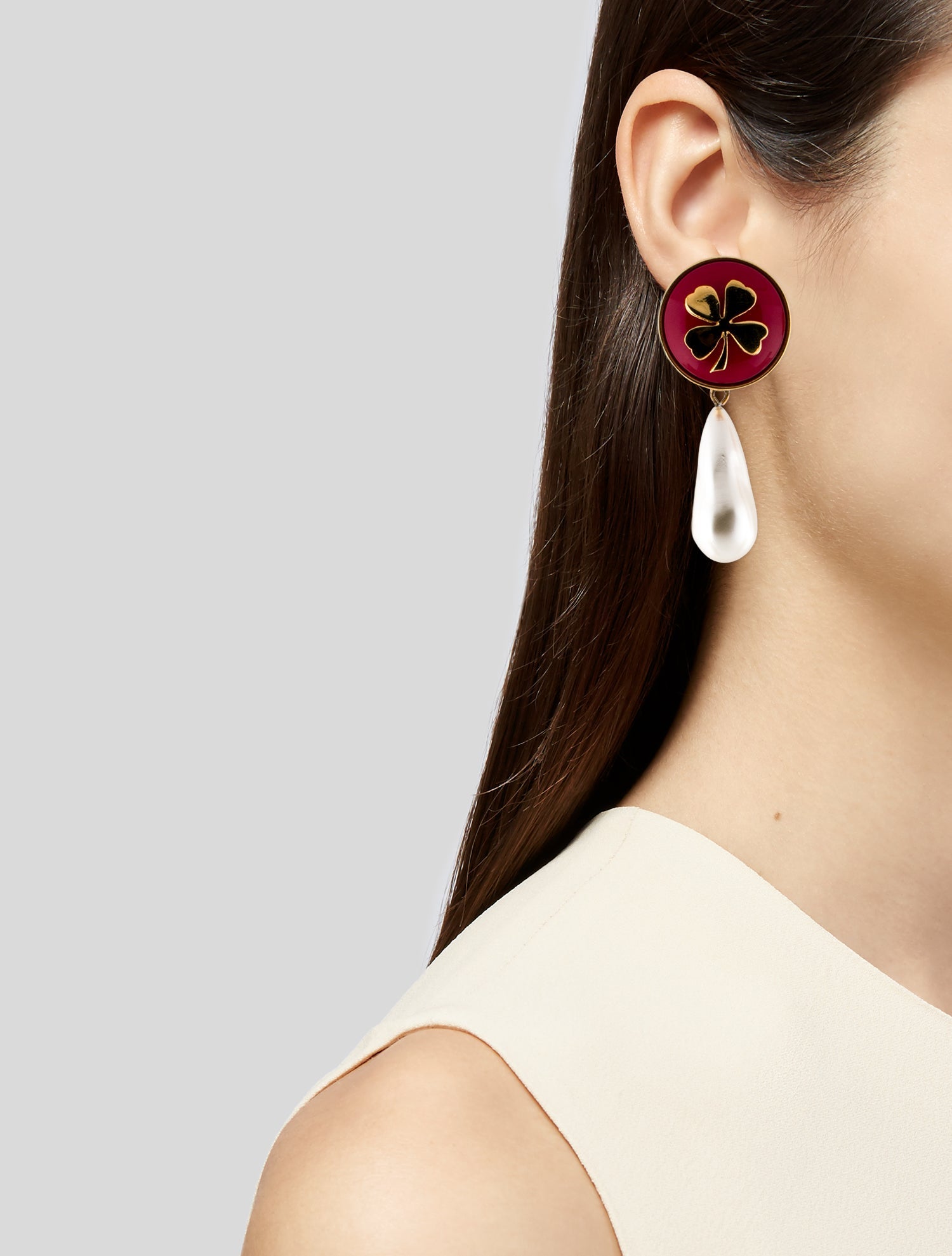 Chanel Vintage Faux Pearl & Resin Clover Clip-On Drop Earrings